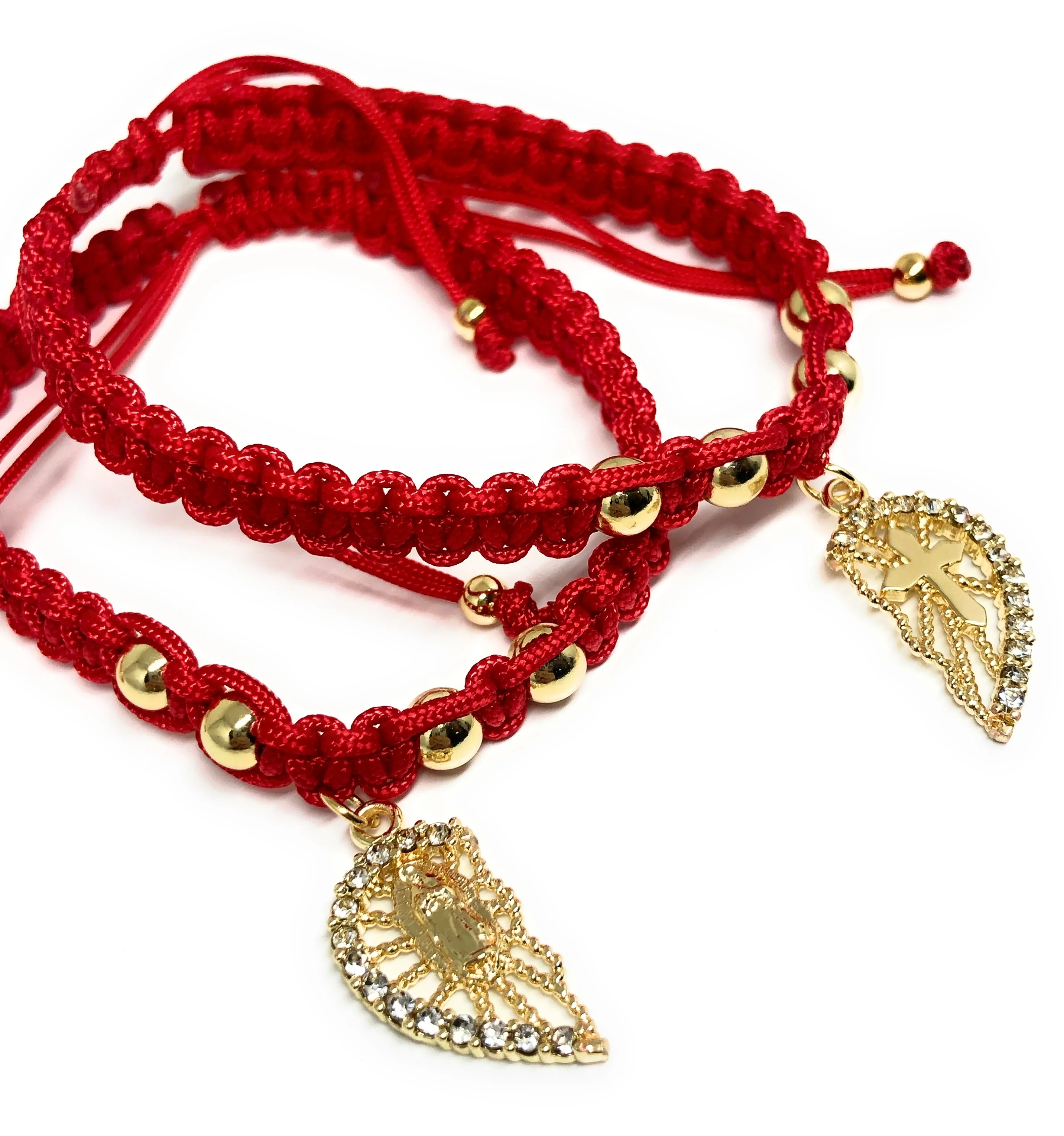 Gold Plated Virgin Mary & Cross Heart Split Pendant HAND BRAIDED ADJUSTABLE TWO BRACELET SET 7.5” - Image 2