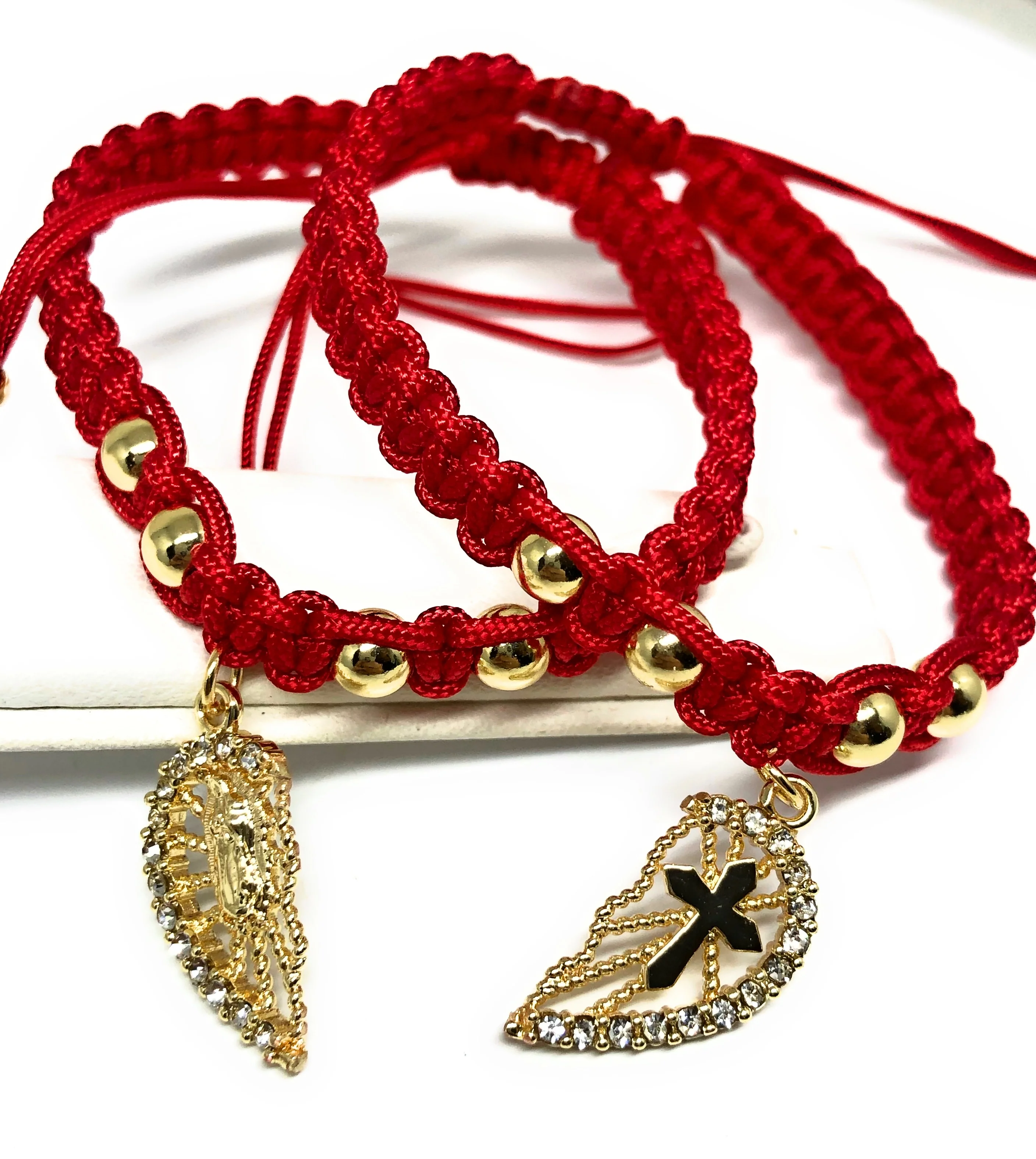 Gold Plated Virgin Mary & Cross Heart Split Pendant HAND BRAIDED ADJUSTABLE TWO BRACELET SET 7.5” - Image 3