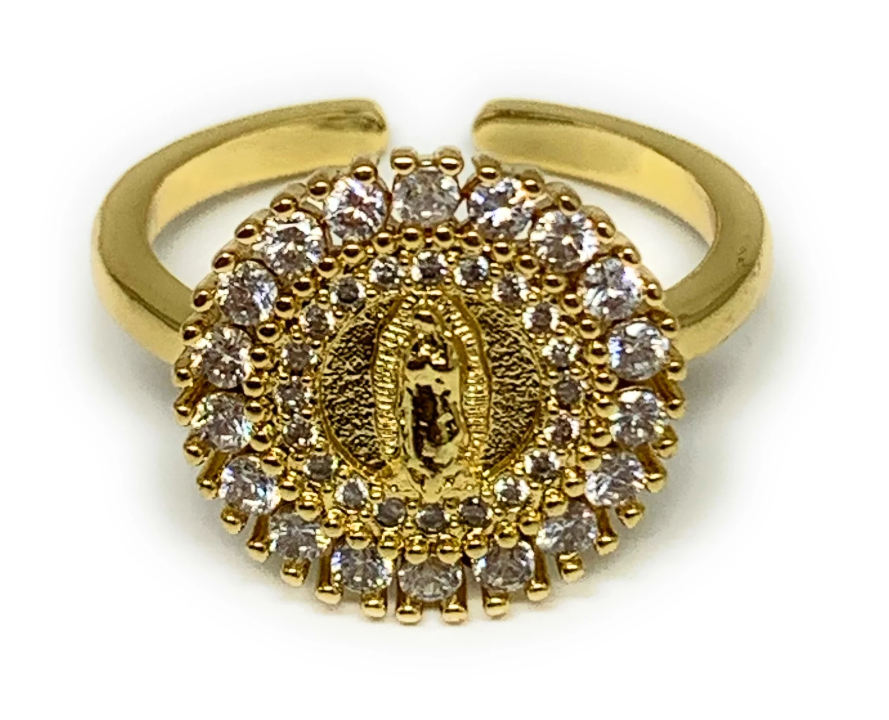 Gold Plated Virgin Mary CZ Ring Virgen De Guadalupe Anillo Adjustable Sizes 6-12