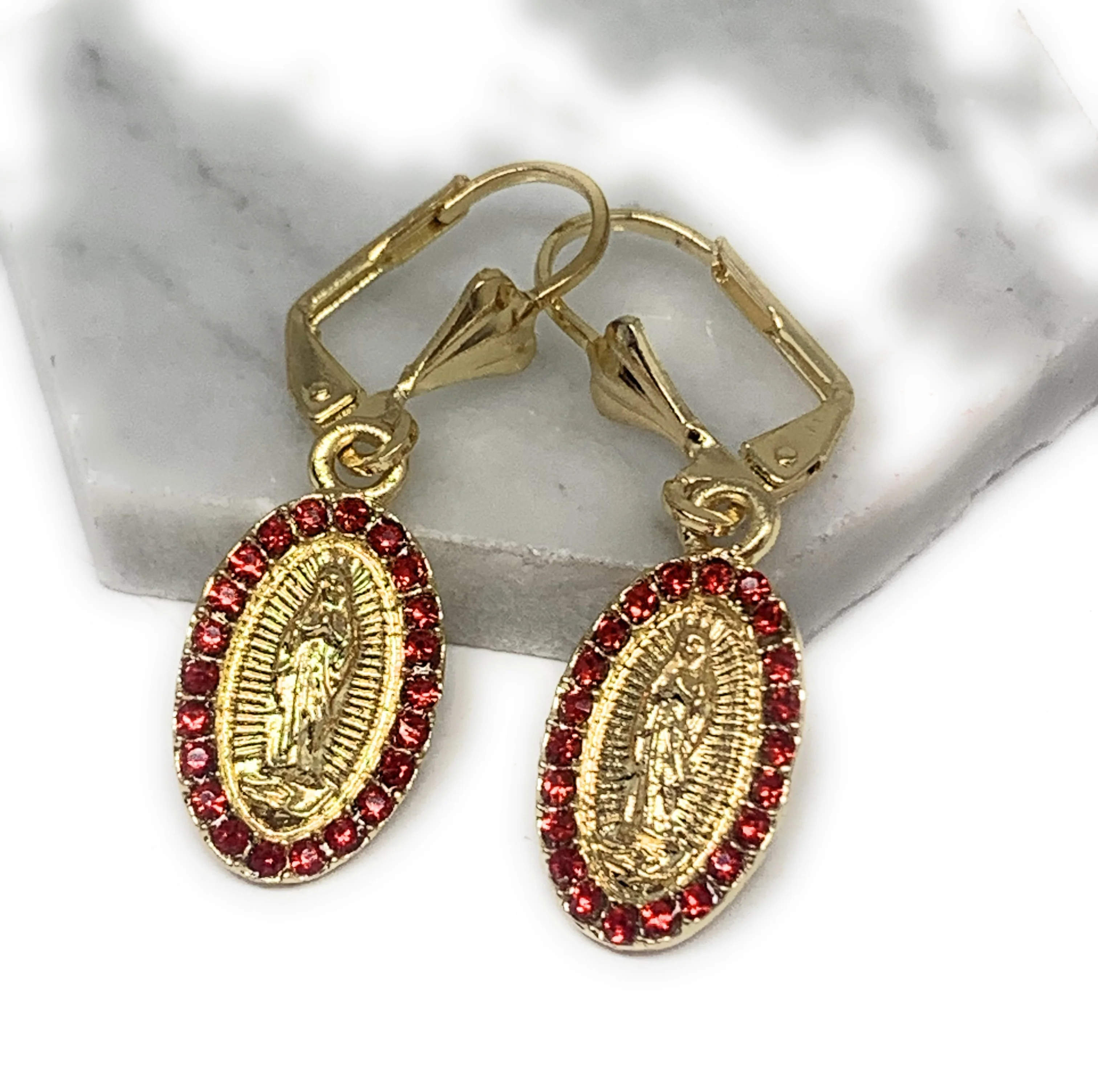 Gold Plated Virgin Mary Earrings w/ Stones Aretes Virgen Guadalupe - Image 7