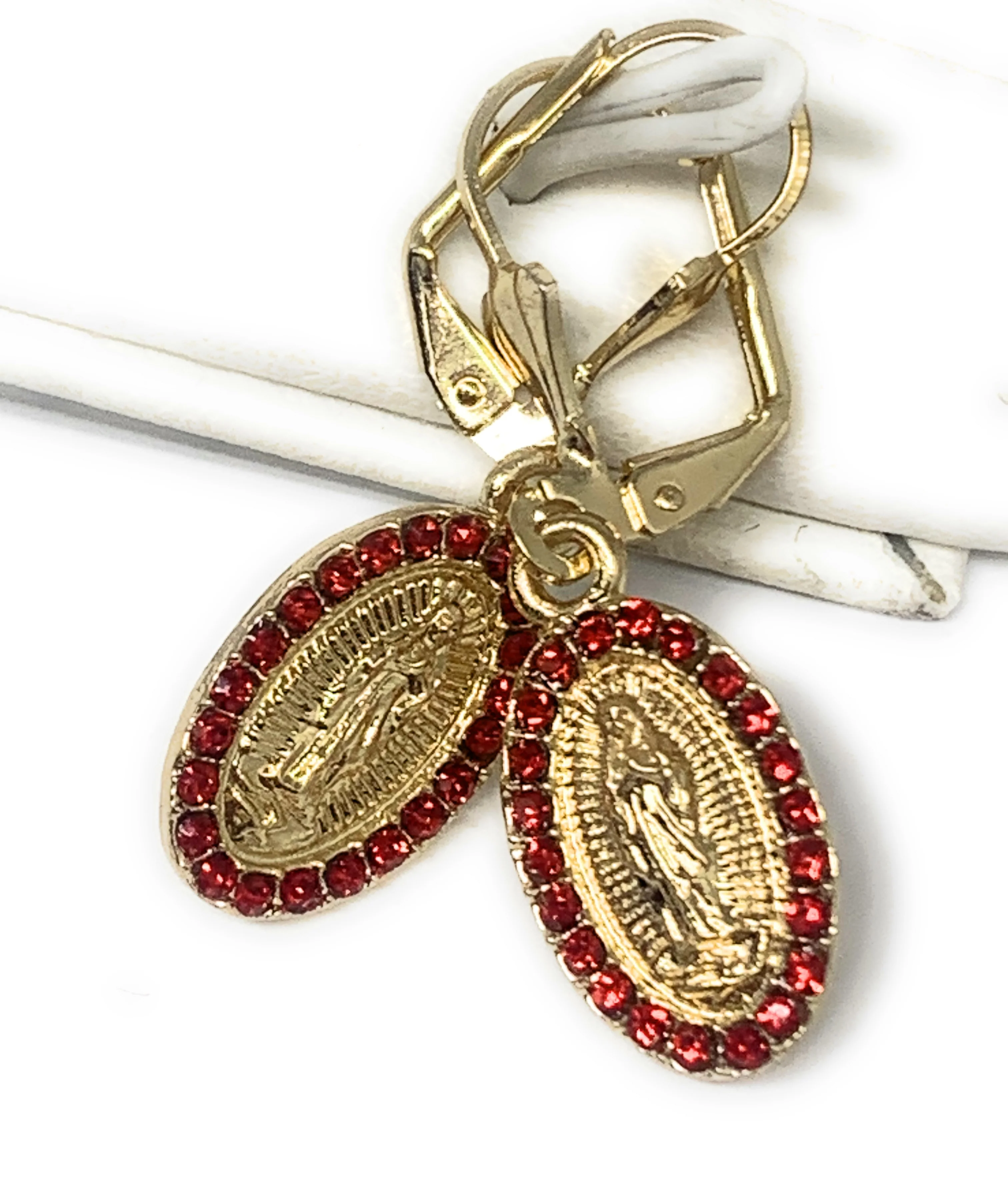 Gold Plated Virgin Mary Earrings w/ Stones Aretes Virgen Guadalupe - Image 8