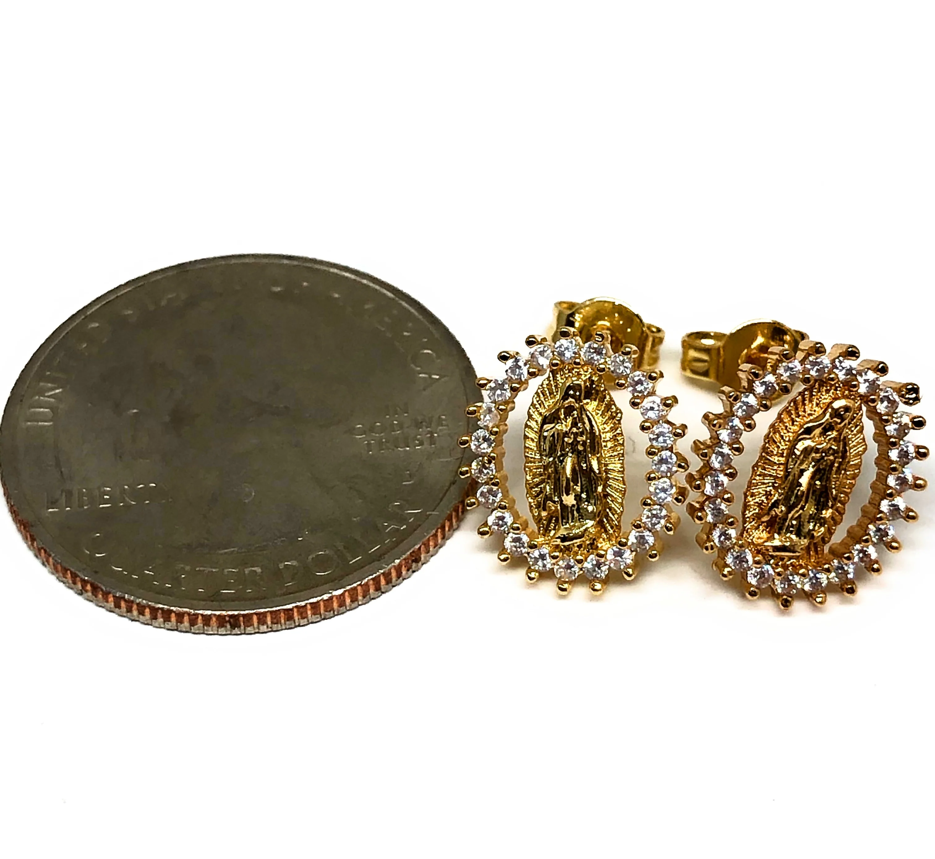 Gold Plated Virgin Mary Earrings w/ Stones Aretes Virgen Guadalupe - Image 3