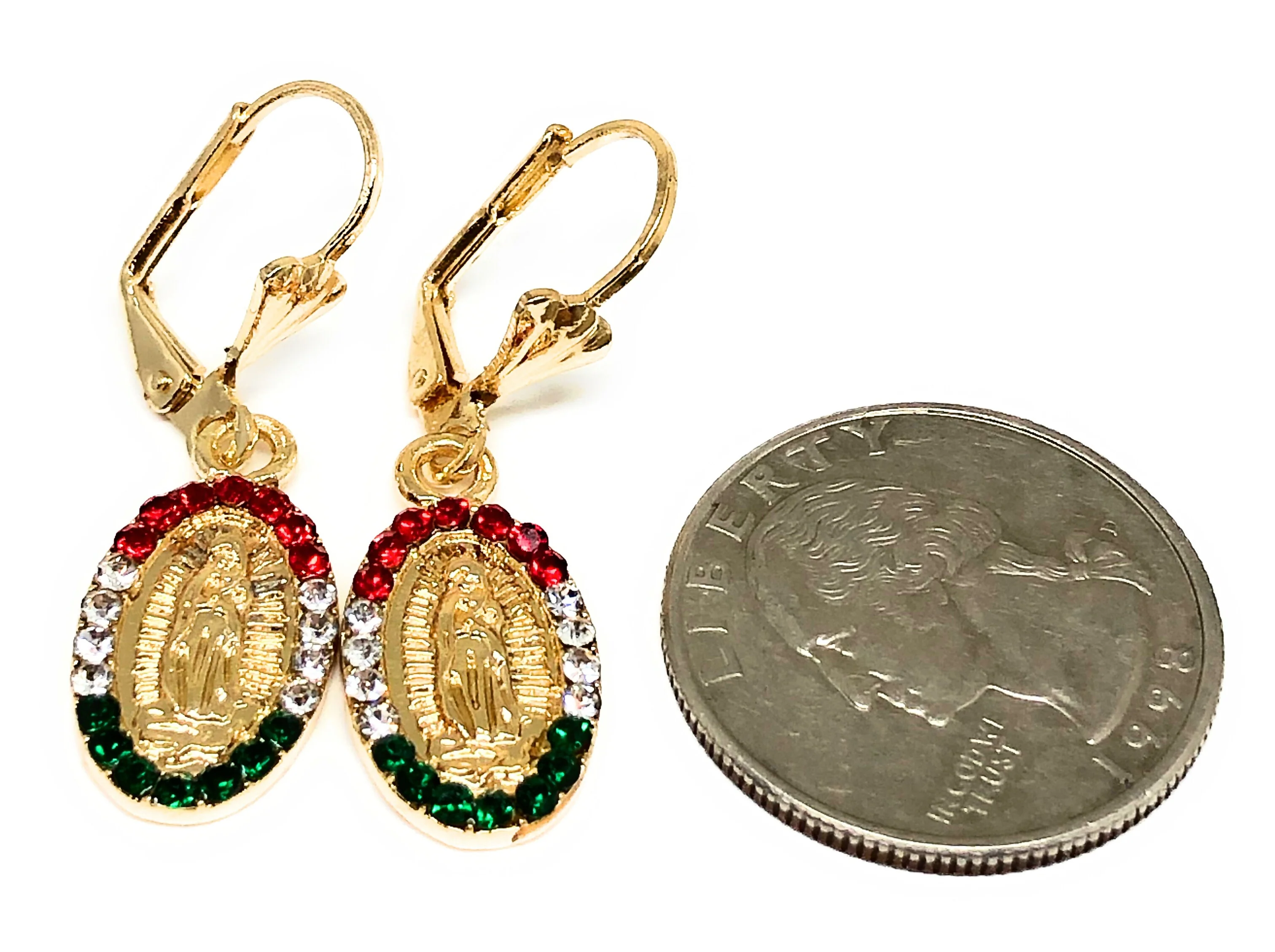 Gold Plated Virgin Mary Earrings w/ Stones Aretes Virgen Guadalupe - Image 2