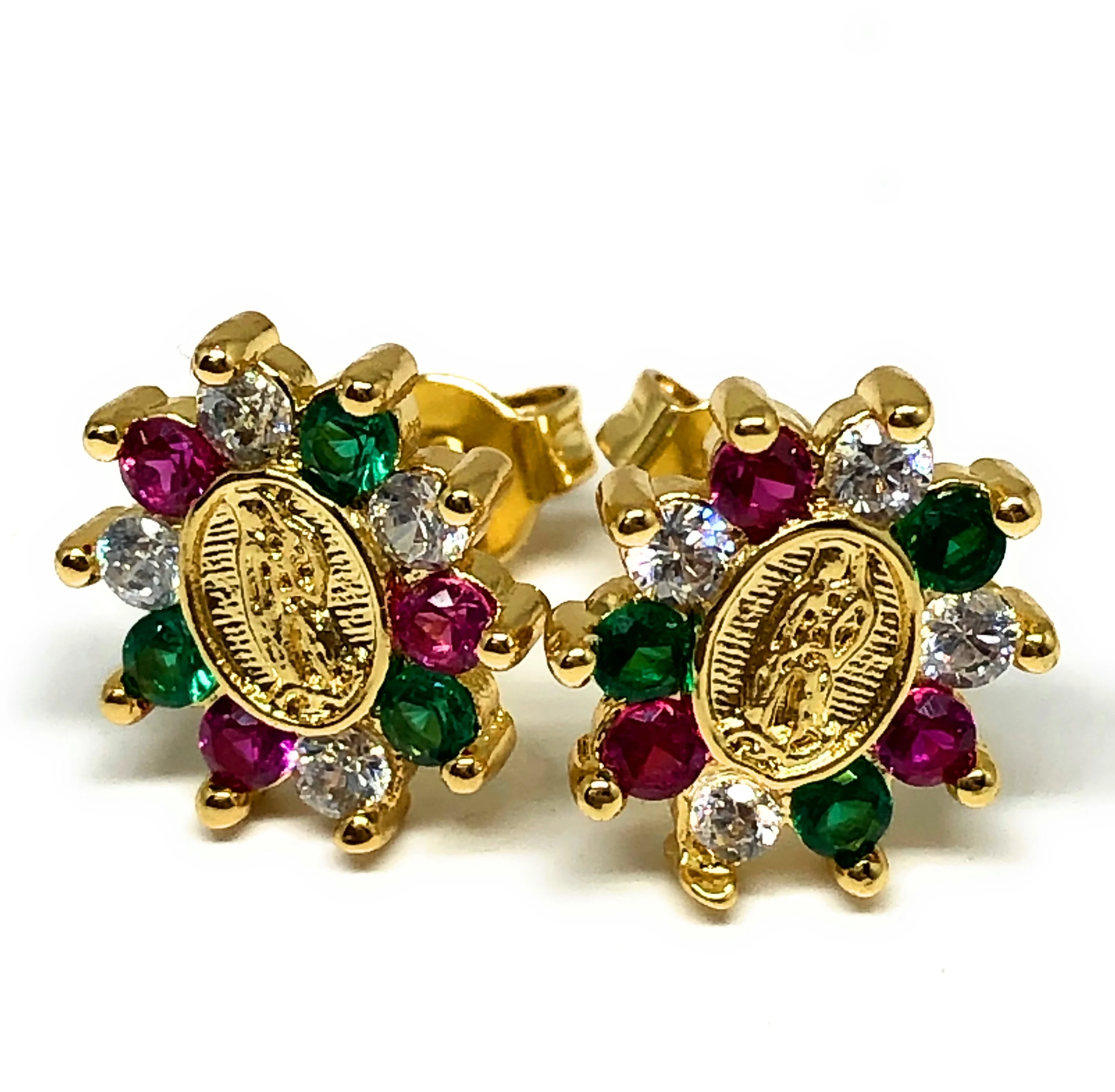 Gold Plated Virgin Mary Earrings w/ Stones Aretes Virgen Guadalupe