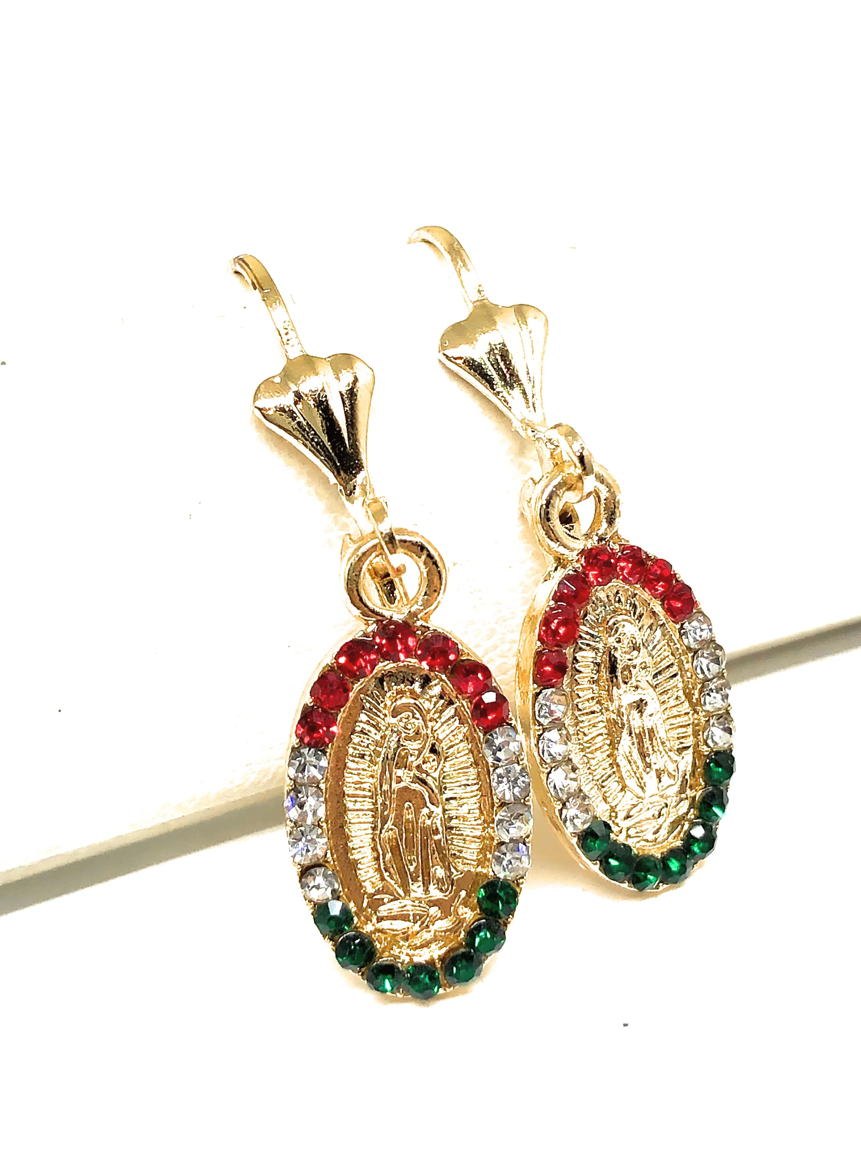 Gold Plated Virgin Mary Earrings w/ Stones Aretes Virgen Guadalupe - Image 4