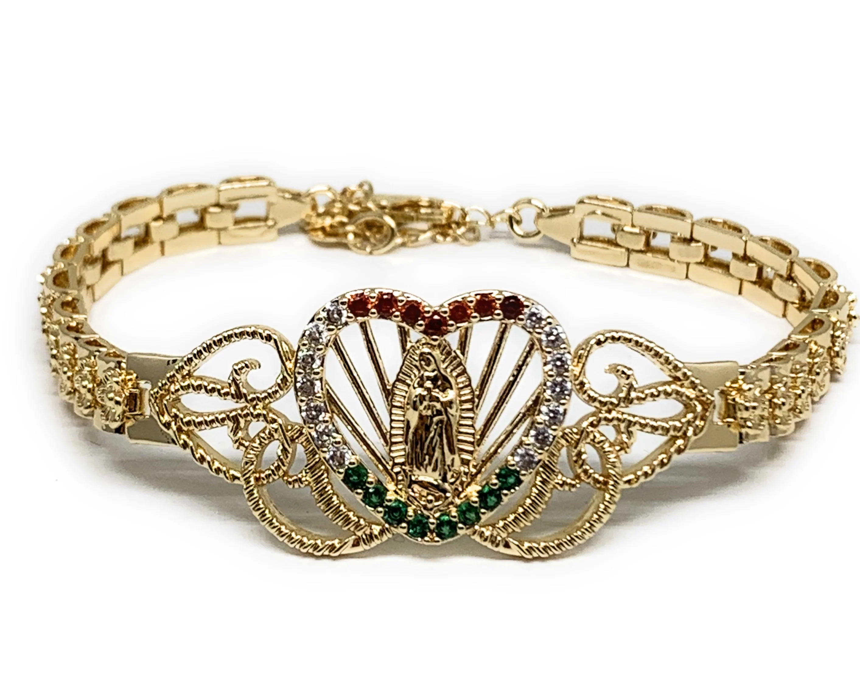Gold Plated Virgin Mary Heart Bracelet Virgen De Guadalupe Pulsera  8" - Image 2