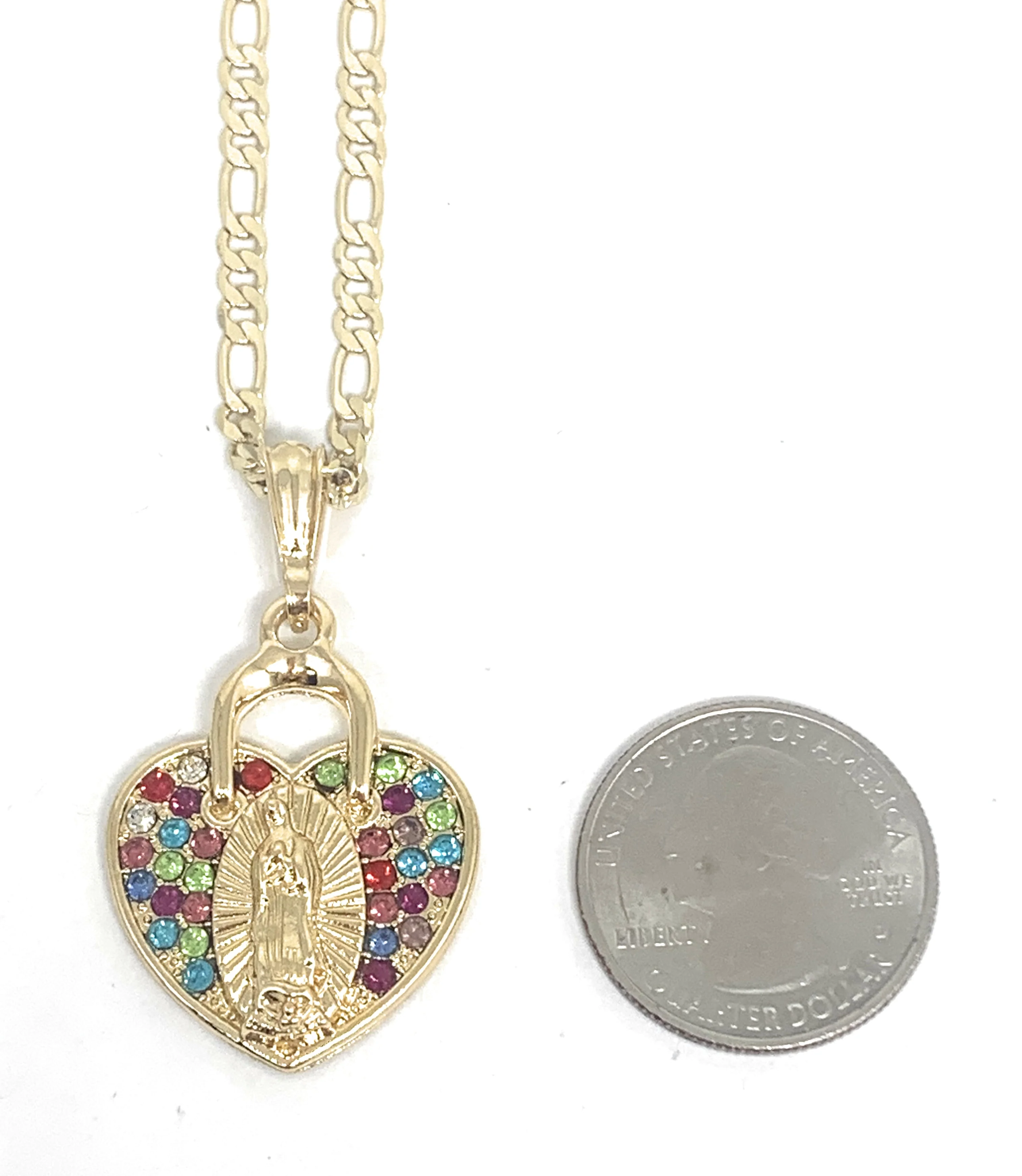 Gold Plated Virgin Mary Heart Colorful Rhinestone Pendant Necklace 24” Virgen Guadalupe - Image 2