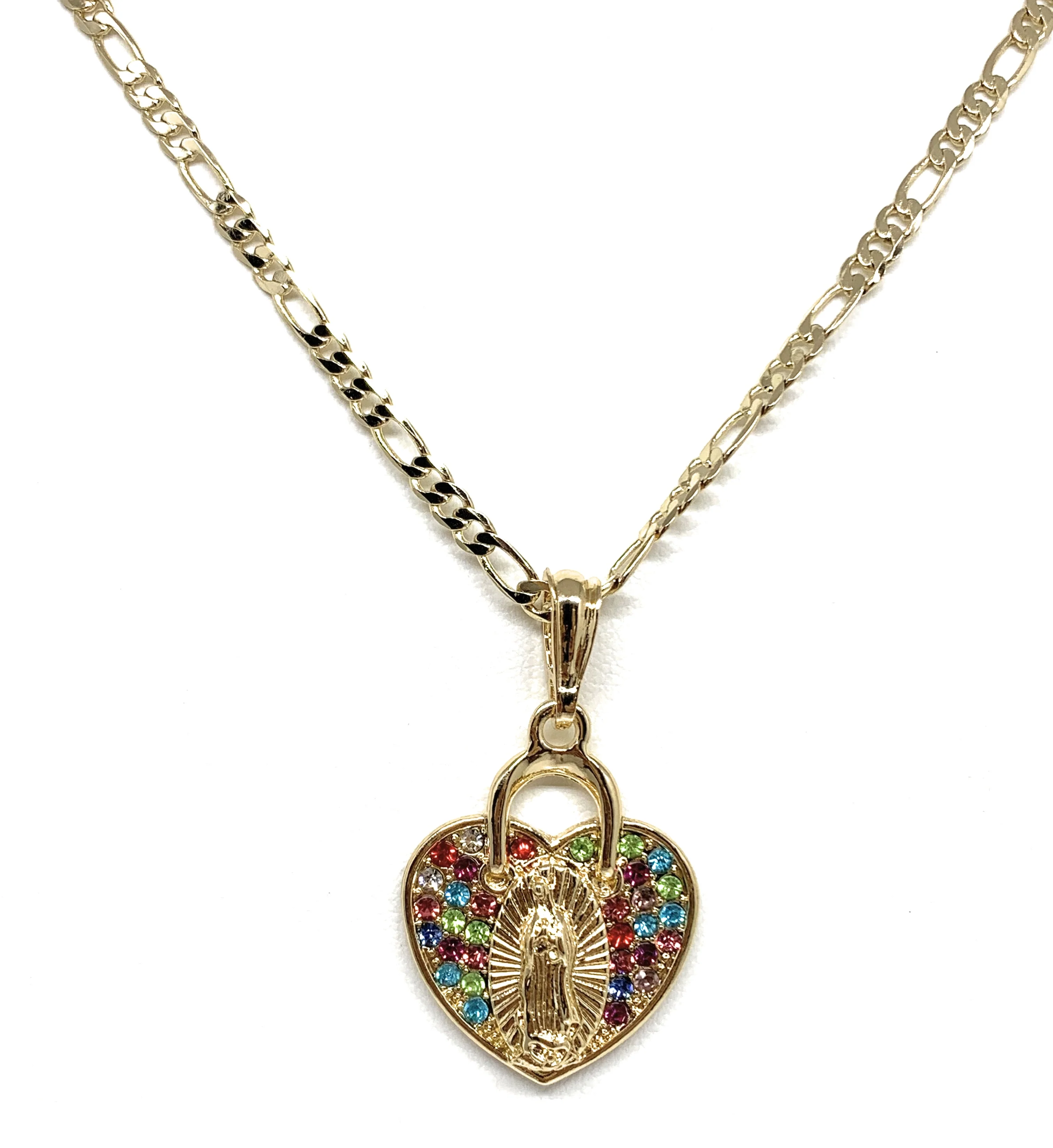 Gold Plated Virgin Mary Heart Colorful Rhinestone Pendant Necklace 24” Virgen Guadalupe - Image 3