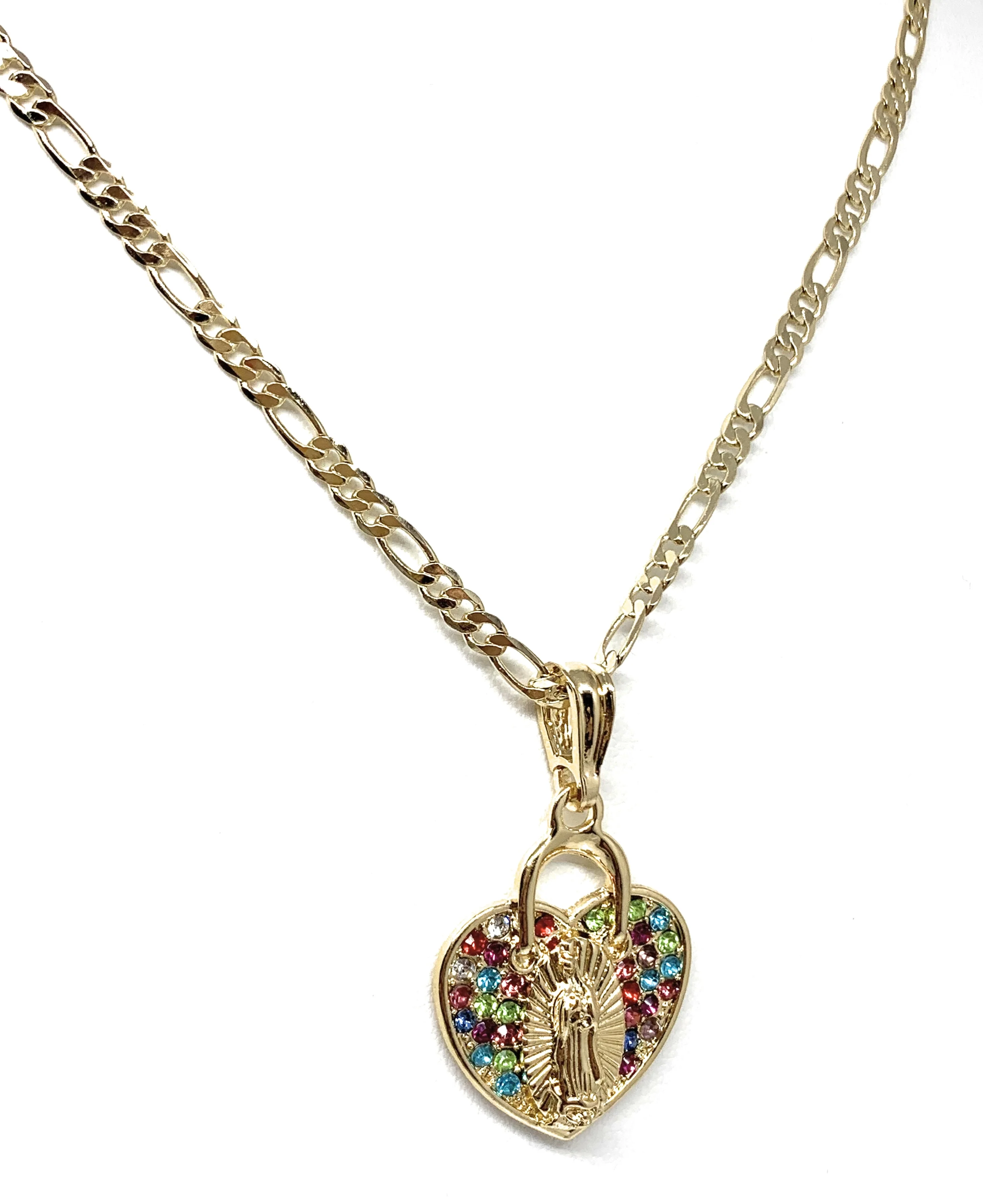 Gold Plated Virgin Mary Heart Colorful Rhinestone Pendant Necklace 24” Virgen Guadalupe - Image 4