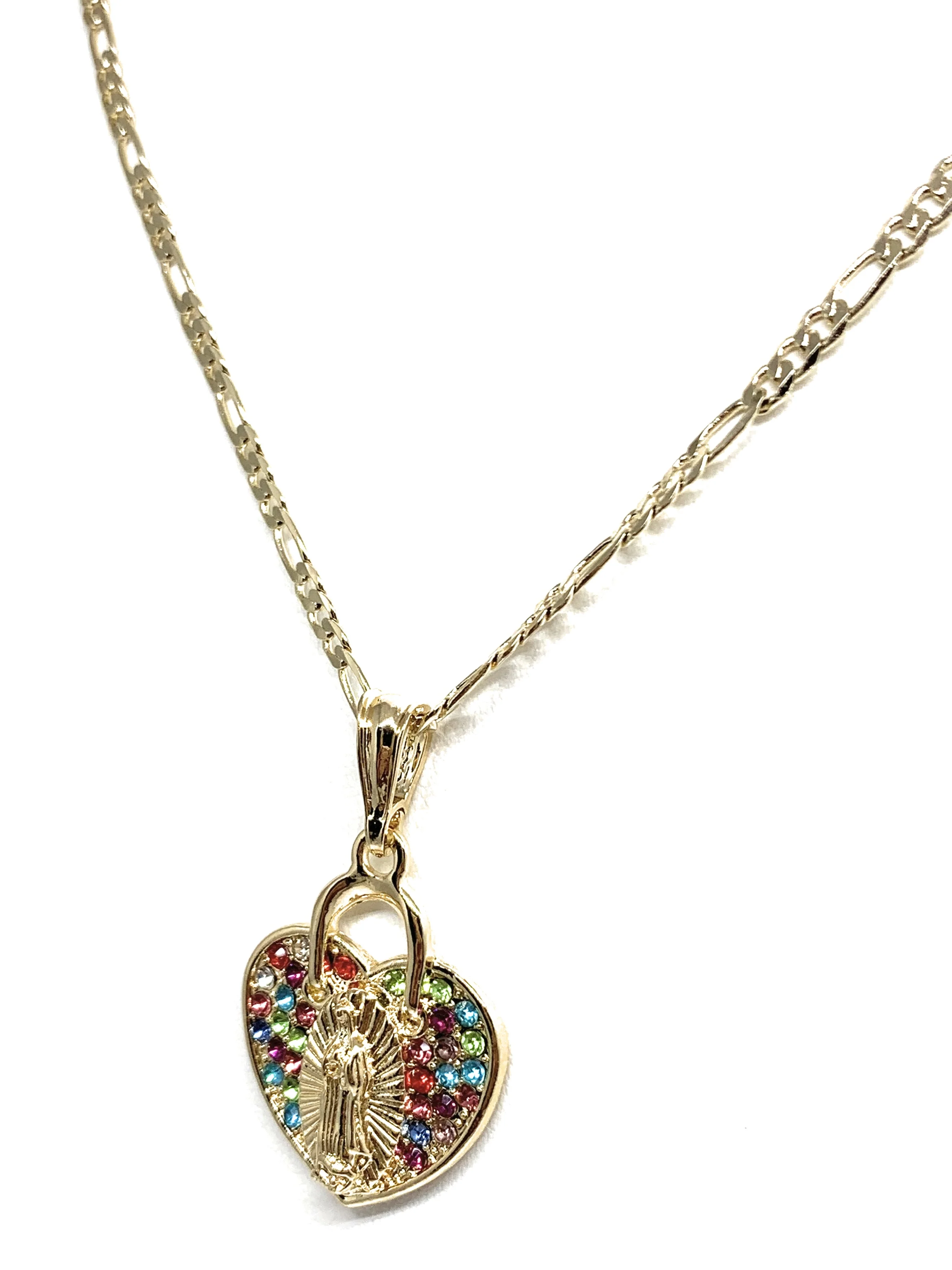 Gold Plated Virgin Mary Heart Colorful Rhinestone Pendant Necklace 24” Virgen Guadalupe - Image 5