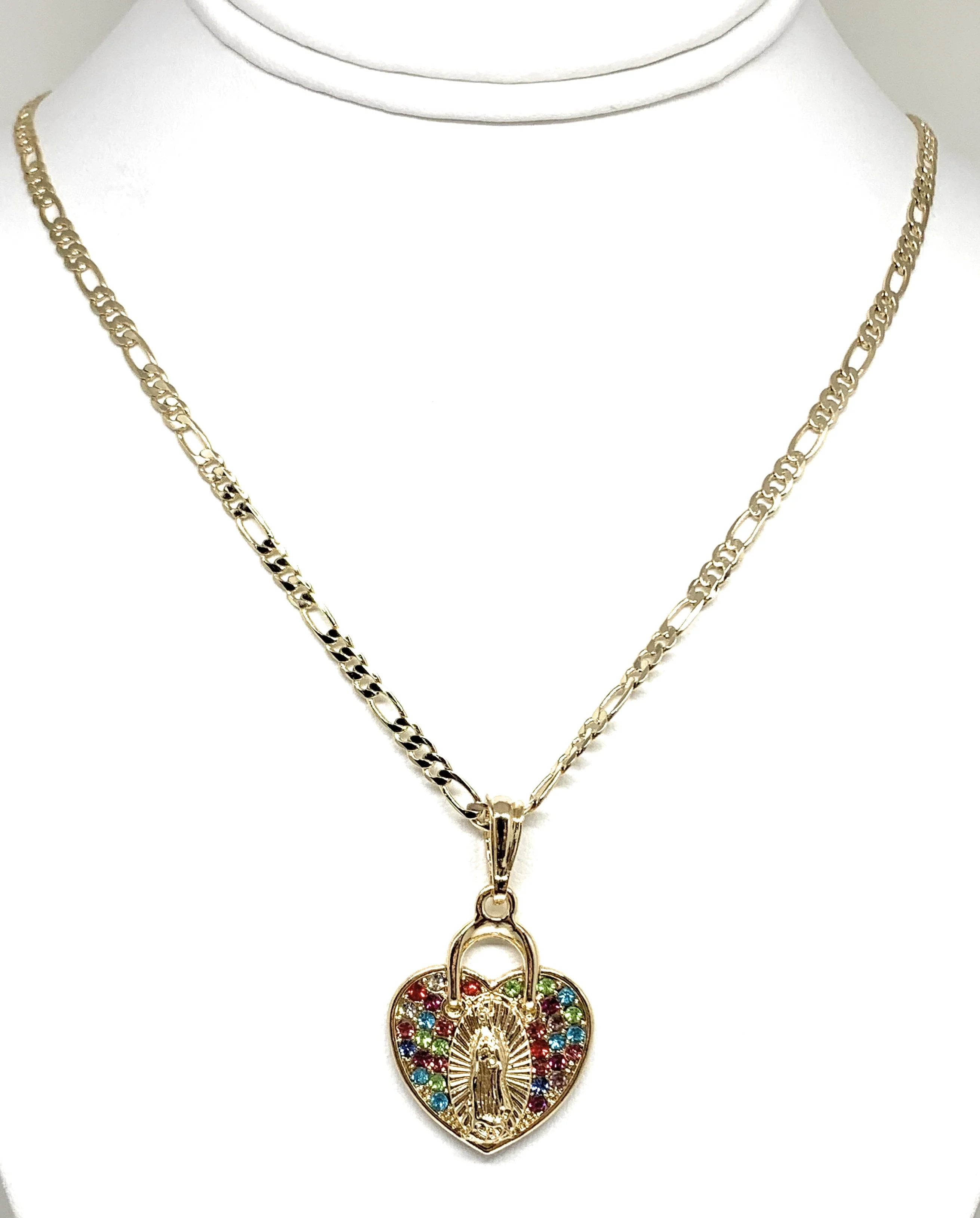 Gold Plated Virgin Mary Heart Colorful Rhinestone Pendant Necklace 24” Virgen Guadalupe - Image 6