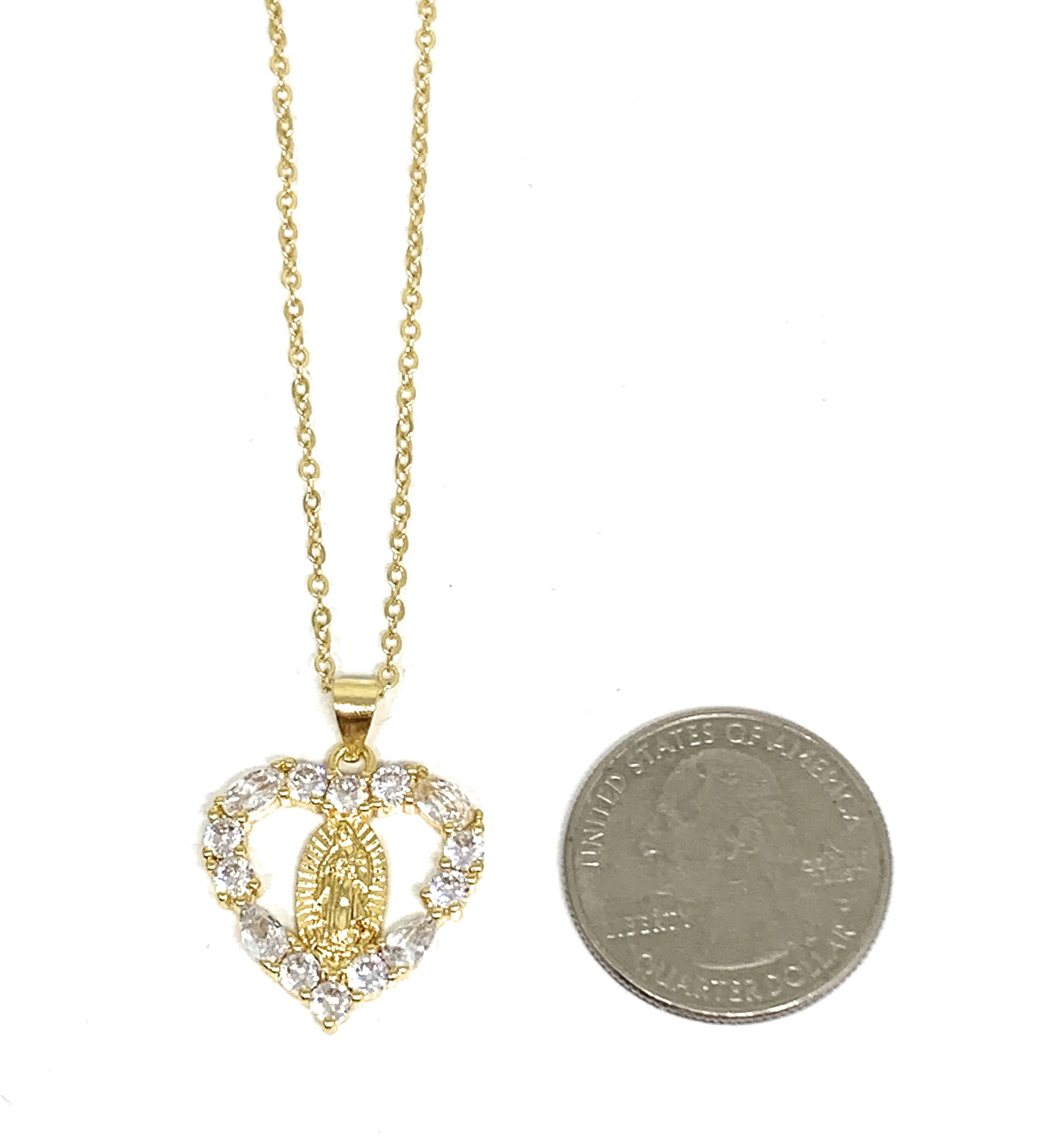 Gold Plated Virgin Mary Heart Cubic Zirconia Pendant Necklace 20” Virgen Guadalupe - Image 2