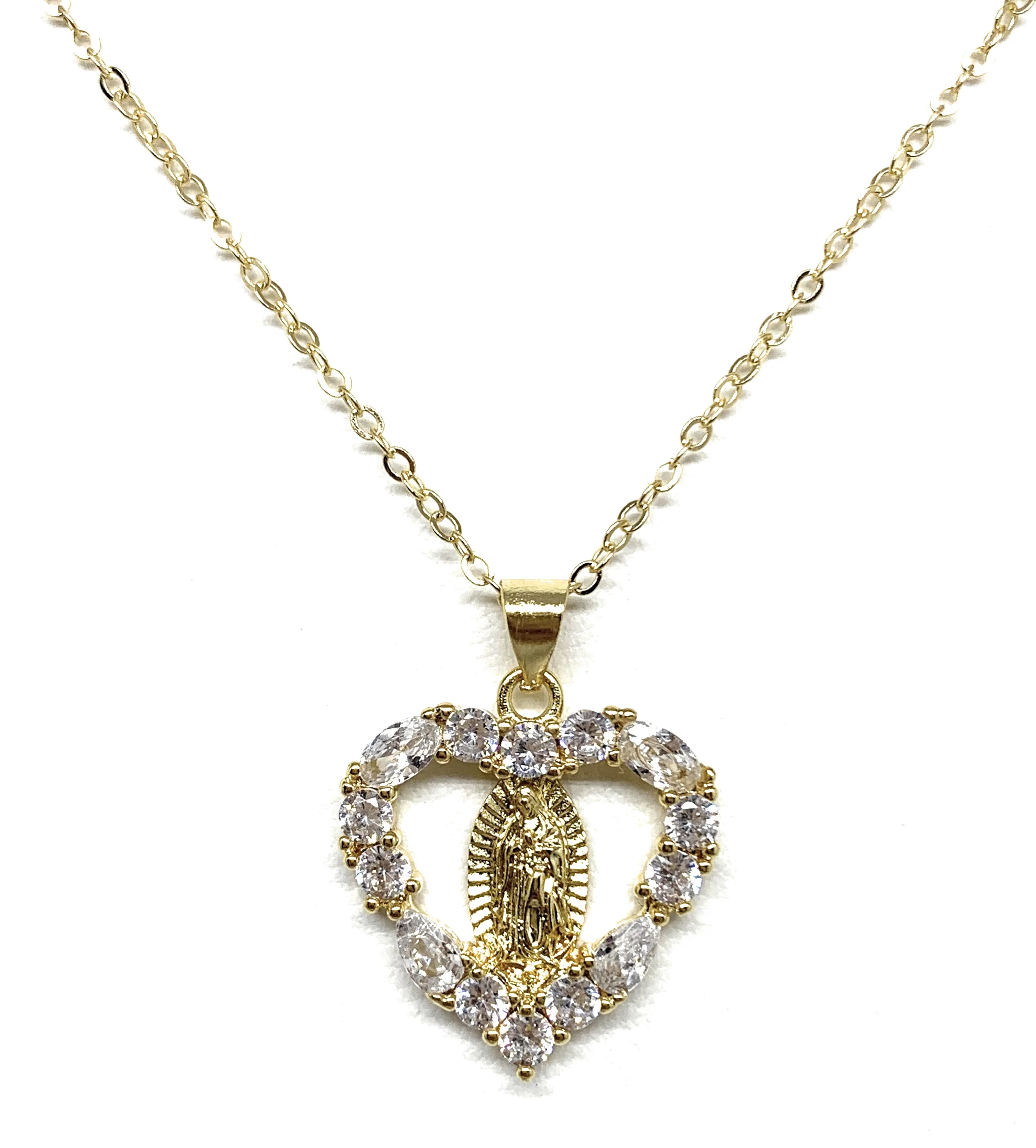 Gold Plated Virgin Mary Heart Cubic Zirconia Pendant Necklace 20” Virgen Guadalupe - Image 3