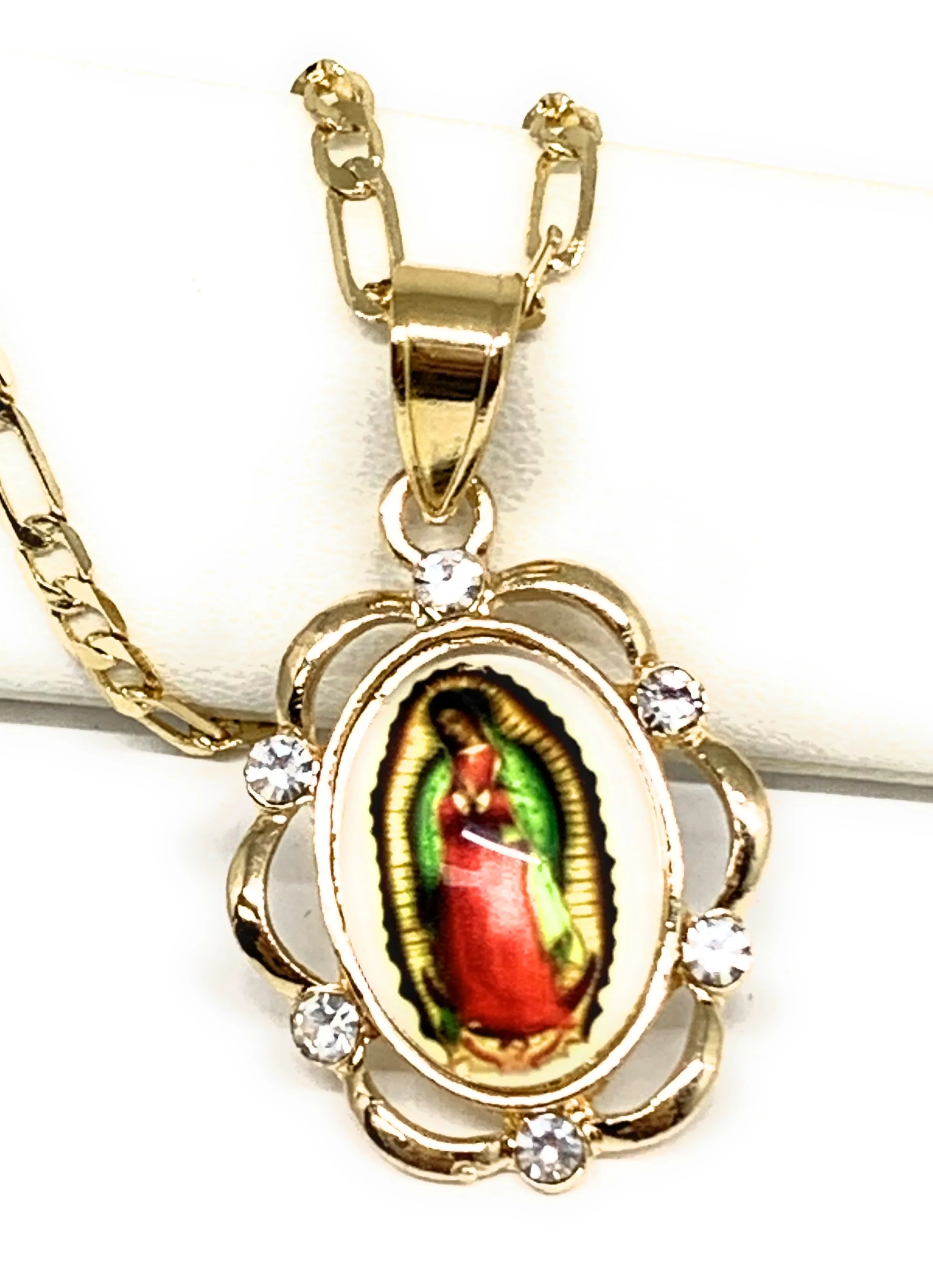 Gold Plated Virgin Mary Image Depiction CZ Pendant Necklace 24” Virgen de Guadalupe Medalla