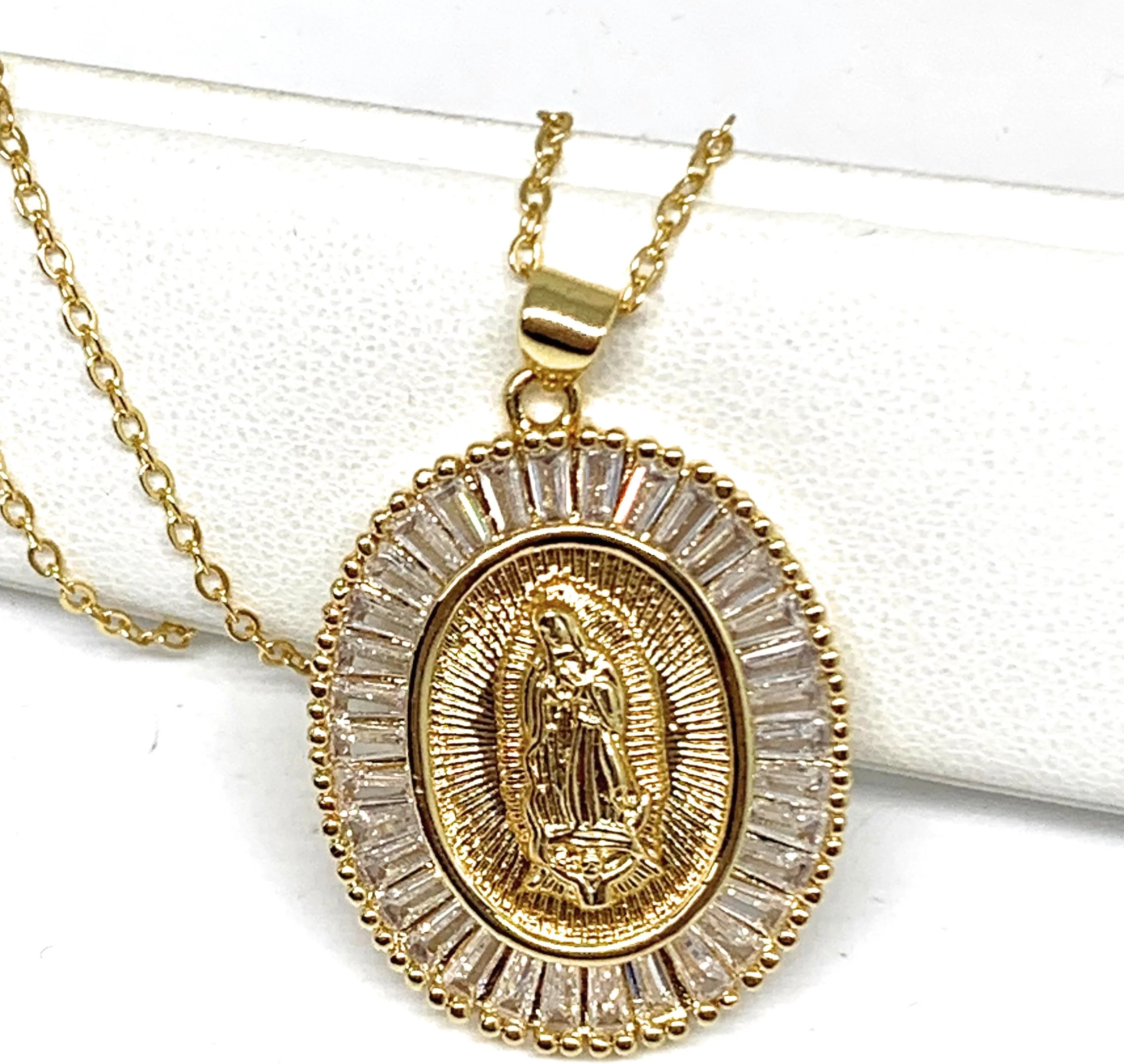 Gold Plated Virgin Mary Pendant Necklace CZ 20” Virgen de Guadalupe