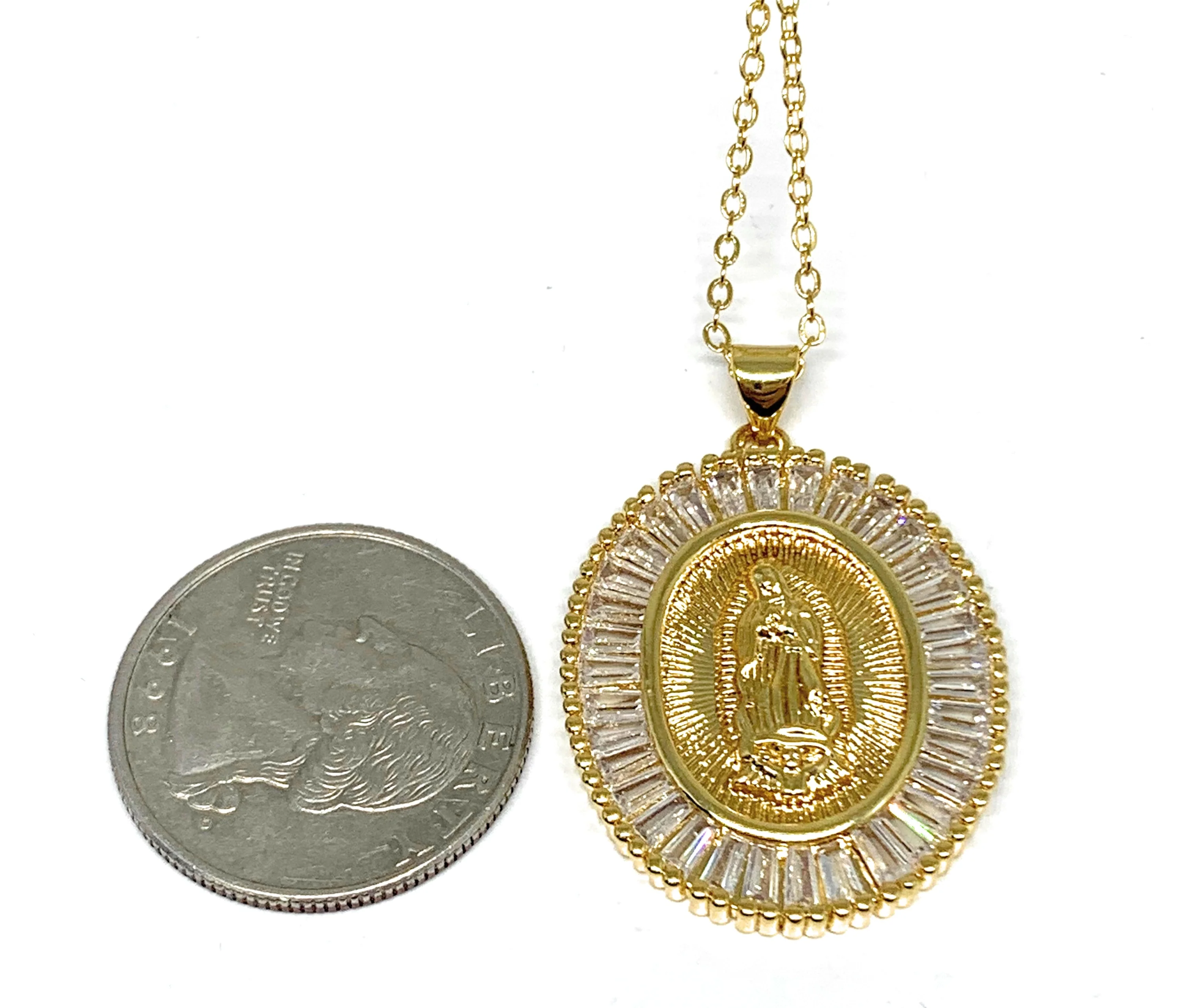 Gold Plated Virgin Mary Pendant Necklace CZ 20” Virgen de Guadalupe - Image 2
