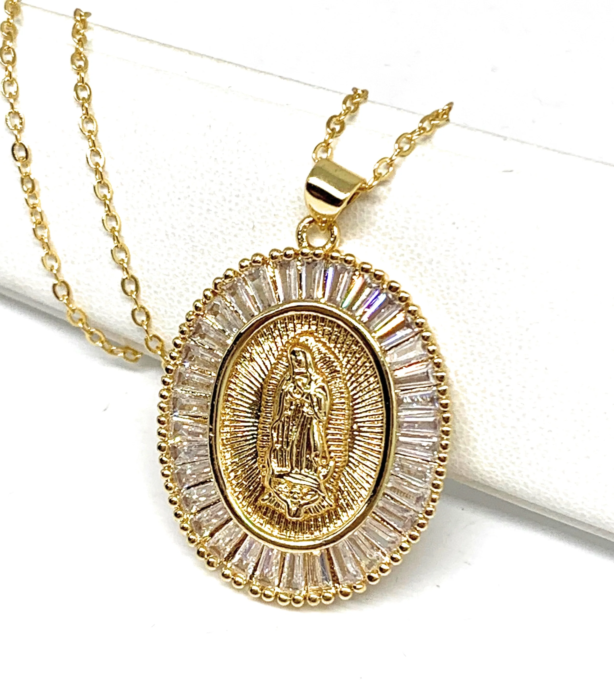 Gold Plated Virgin Mary Pendant Necklace CZ 20” Virgen de Guadalupe - Image 3