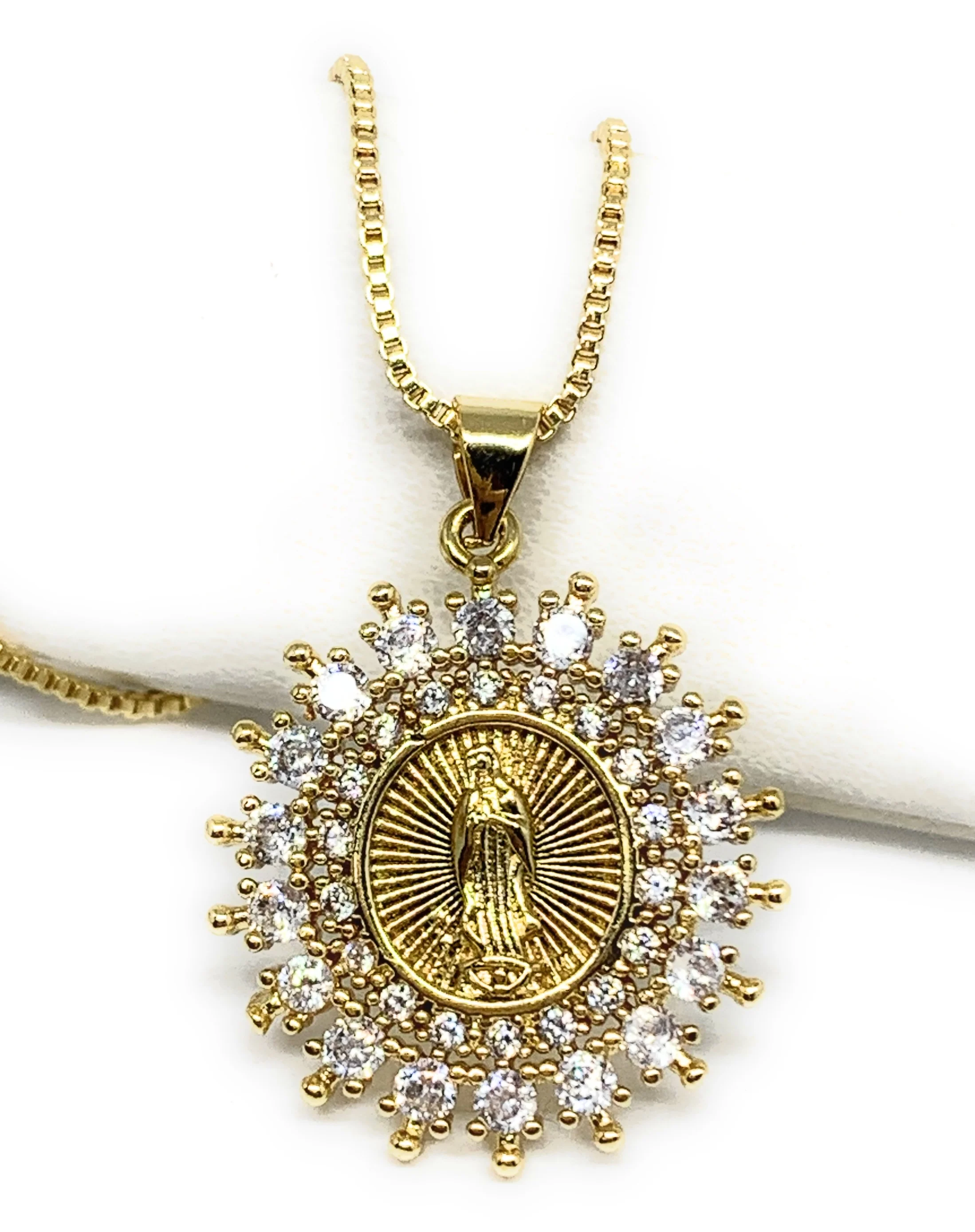 Gold Plated Virgin Mary Pendant Necklace CZ 20” Virgen de Guadalupe