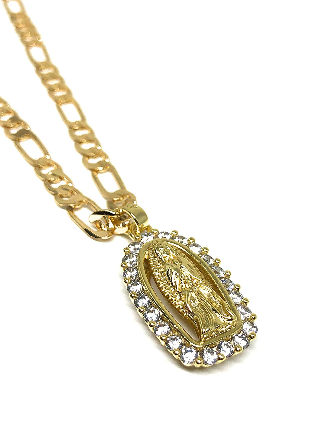 Gold Plated Virgin Mary Pendant Necklace Figaro 24" Chain Virgen de Guadalupe Medalla Piedras Blancas Oro - Image 3