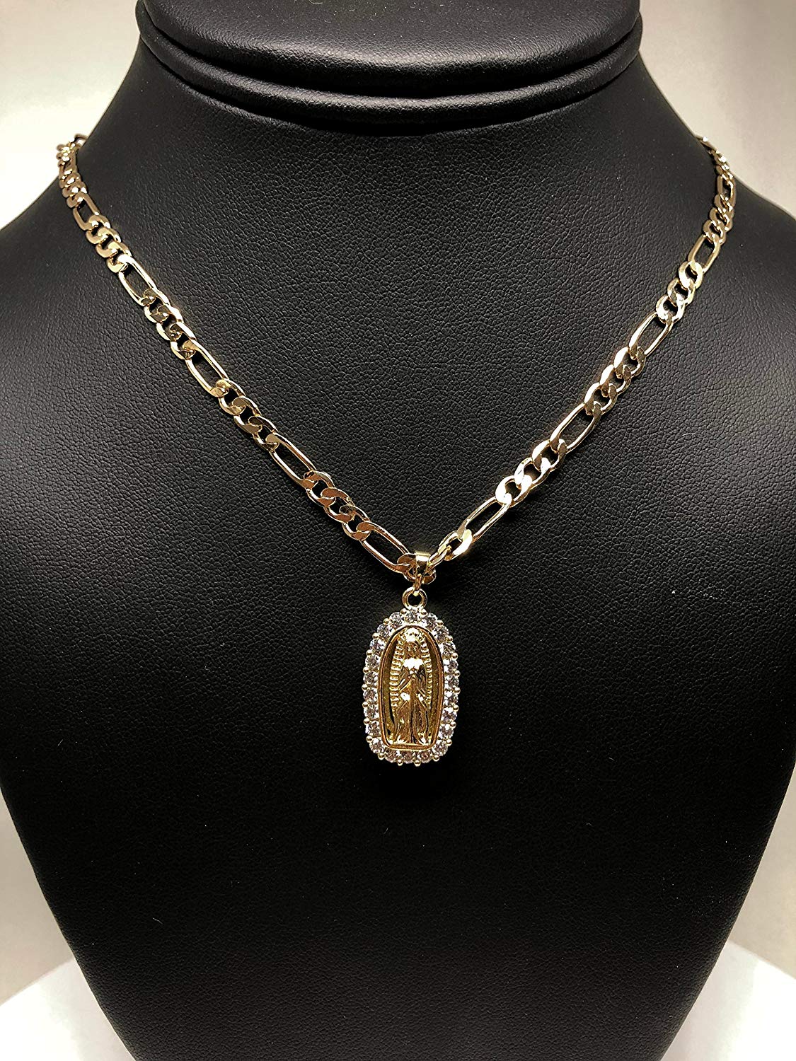 Gold Plated Virgin Mary Pendant Necklace Figaro 24" Chain Virgen de Guadalupe Medalla Piedras Blancas Oro - Image 4