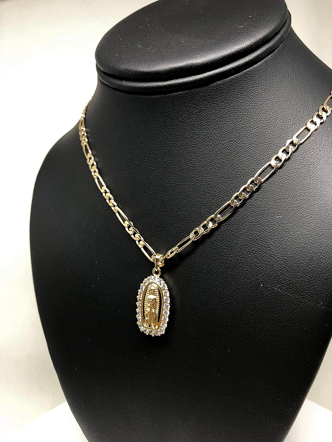 Gold Plated Virgin Mary Pendant Necklace Figaro 24" Chain Virgen de Guadalupe Medalla Piedras Blancas Oro - Image 5