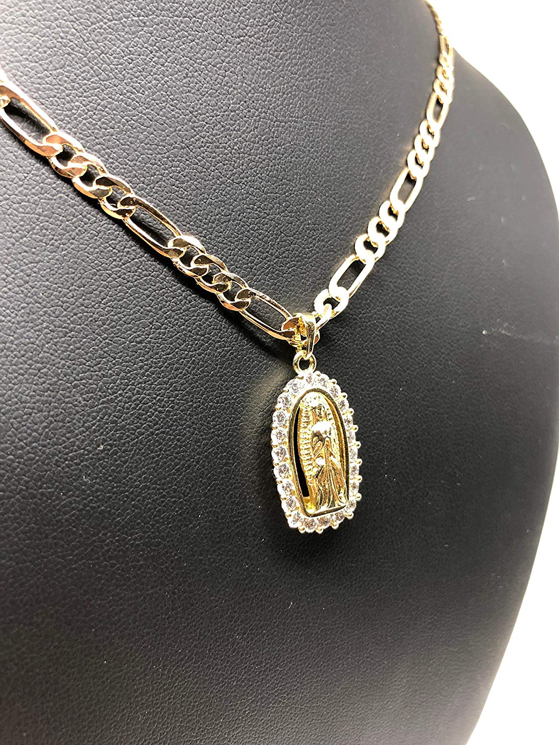 Gold Plated Virgin Mary Pendant Necklace Figaro 24" Chain Virgen de Guadalupe Medalla Piedras Blancas Oro - Image 7