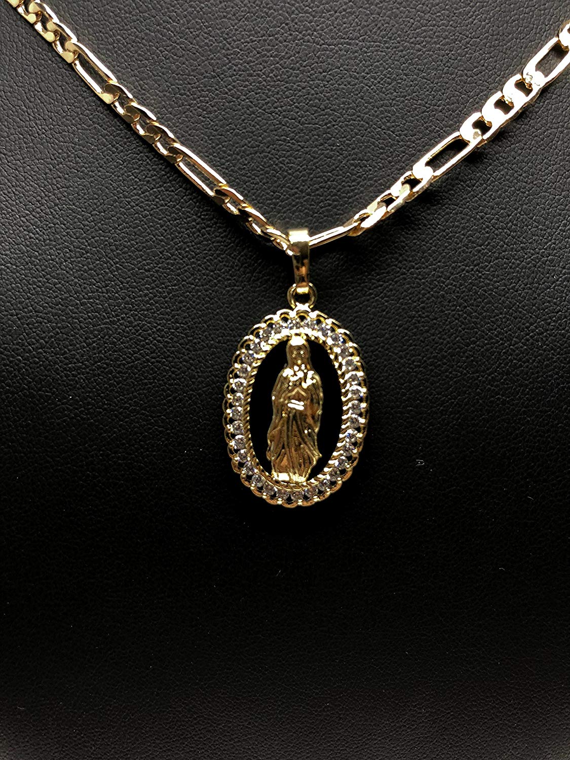Gold Plated Virgin Mary Pendant Necklace Figaro 24" Chain Virgen de Guadalupe Medalla Piedras Blancas Oro - Image 3