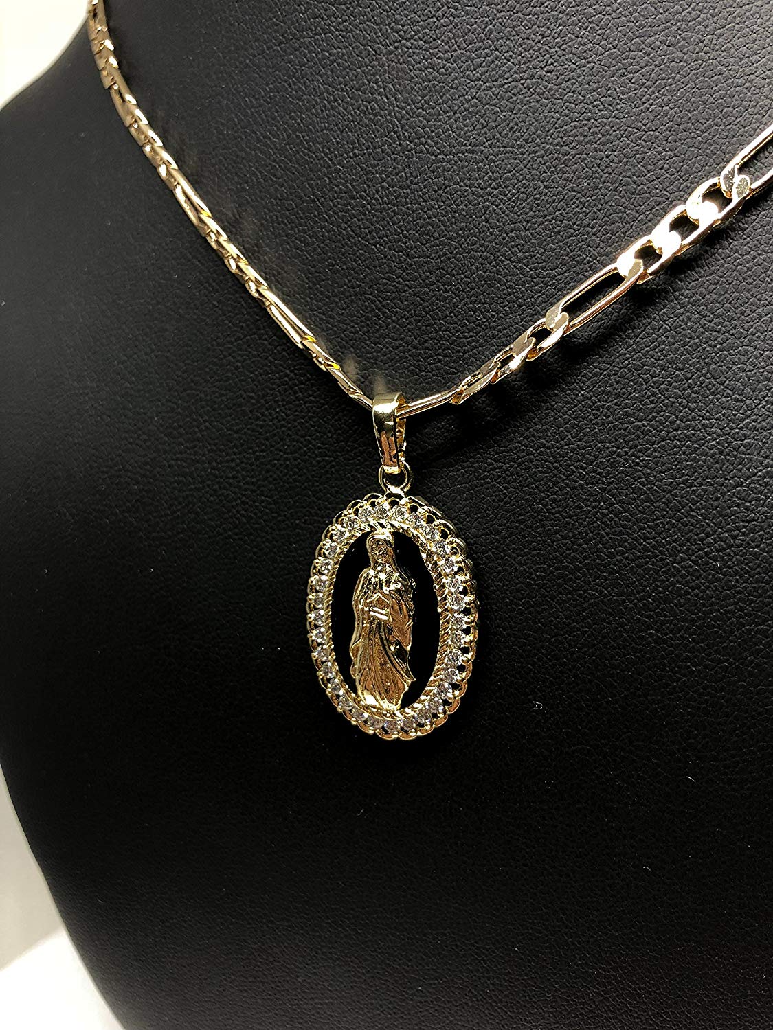 Gold Plated Virgin Mary Pendant Necklace Figaro 24" Chain Virgen de Guadalupe Medalla Piedras Blancas Oro - Image 4