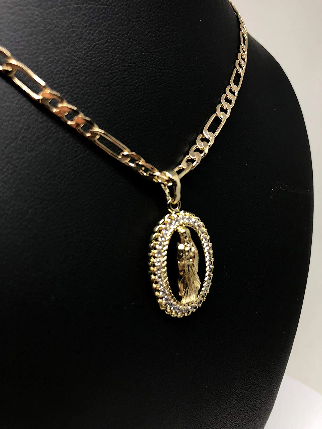 Gold Plated Virgin Mary Pendant Necklace Figaro 24" Chain Virgen de Guadalupe Medalla Piedras Blancas Oro - Image 5