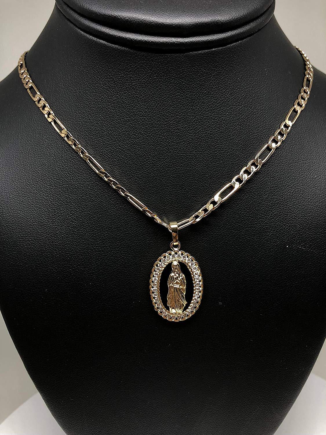 Gold Plated Virgin Mary Pendant Necklace Figaro 24" Chain Virgen de Guadalupe Medalla Piedras Blancas Oro - Image 6
