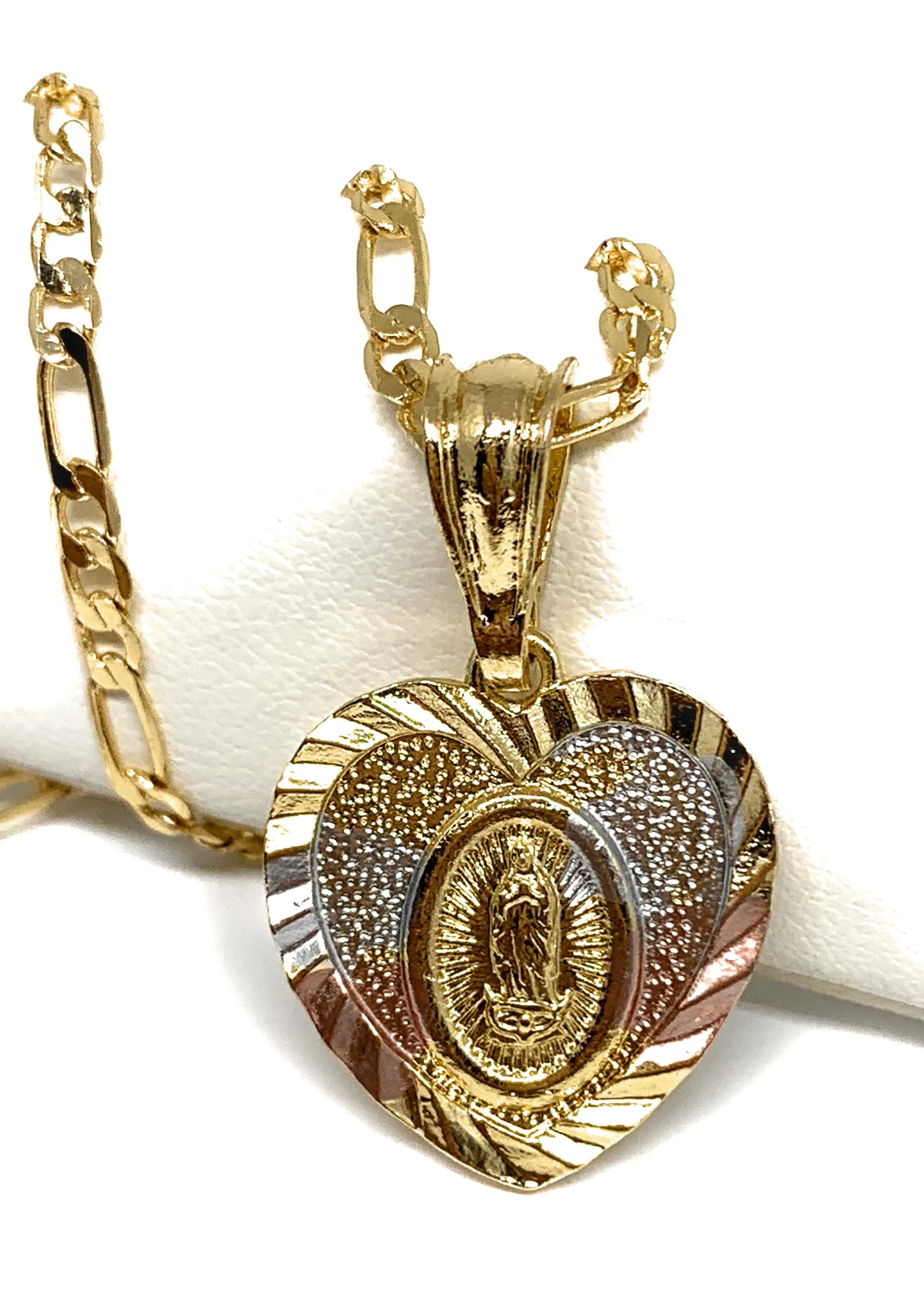 Gold Plated Virgin Mary Heart Laser Cut Pendant Necklace Figaro 24" Virgen de Guadalupe Medalla