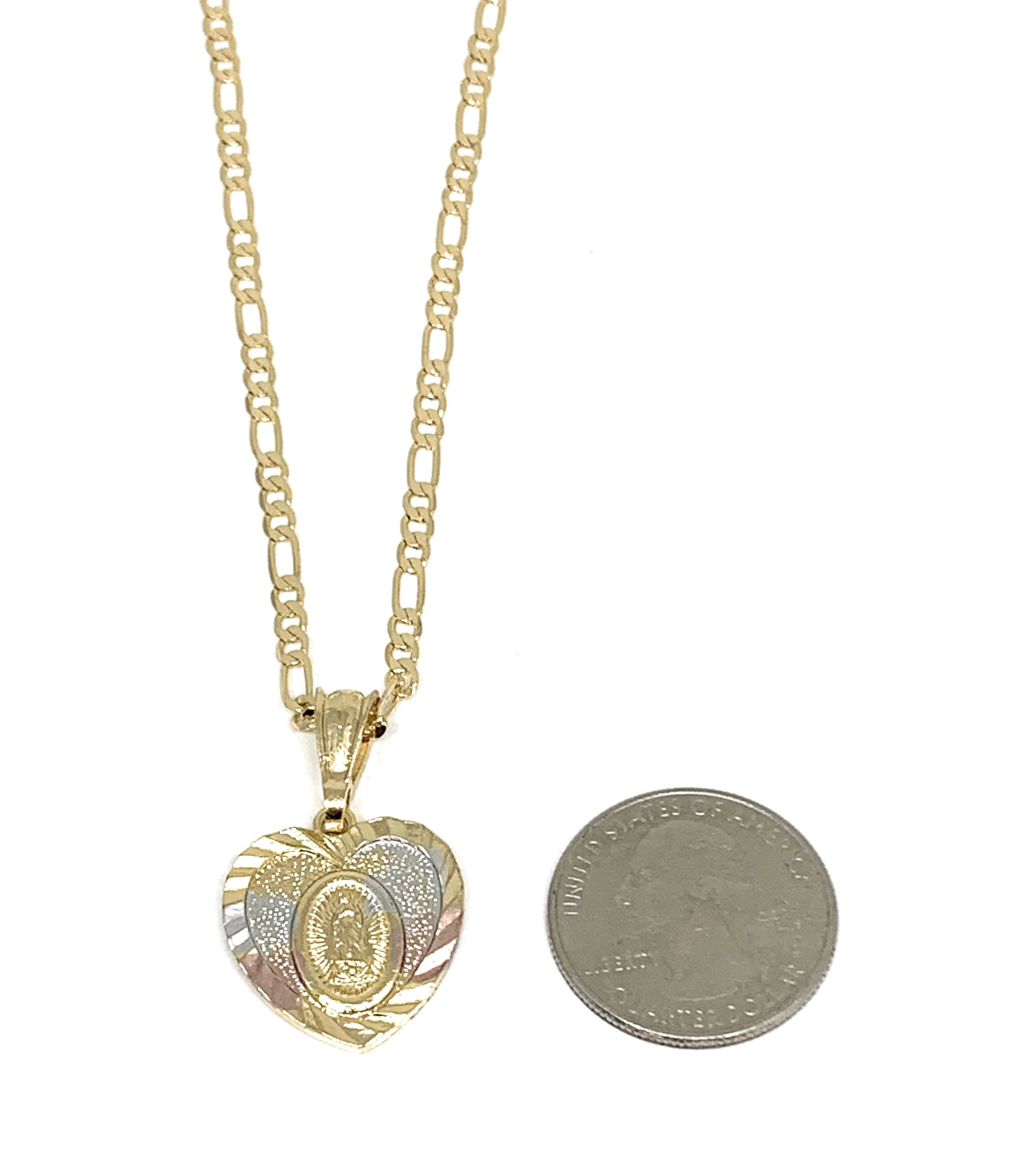Gold Plated Virgin Mary Heart Laser Cut Pendant Necklace Figaro 24" Virgen de Guadalupe Medalla - Image 2