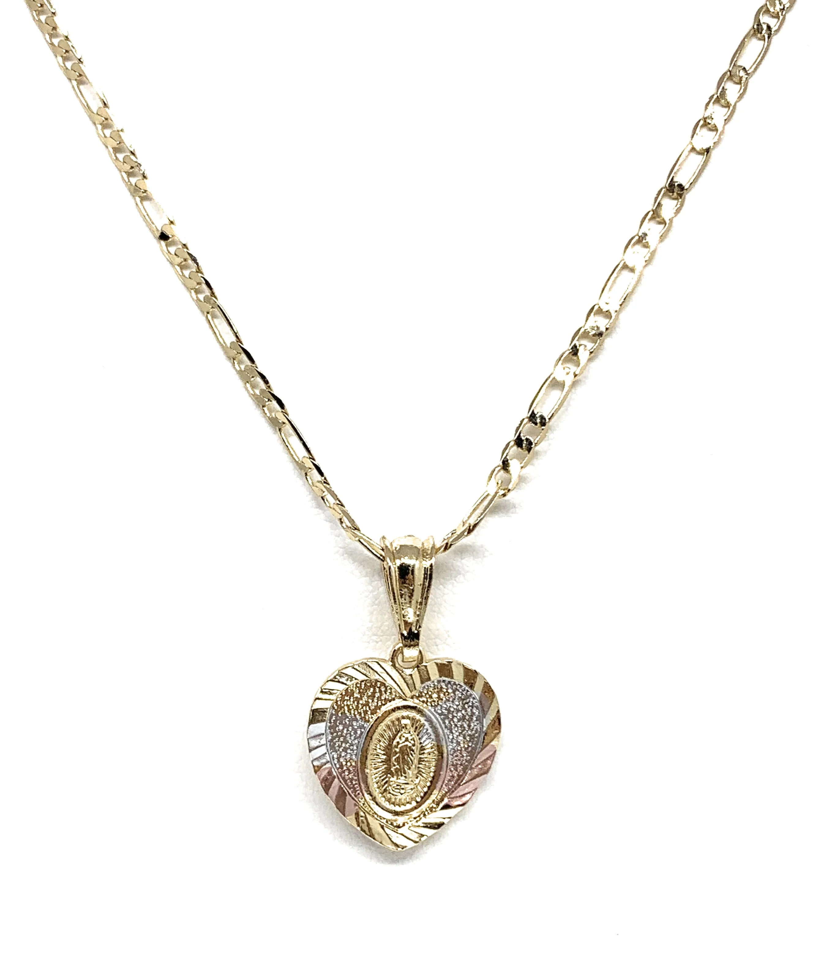 Gold Plated Virgin Mary Heart Laser Cut Pendant Necklace Figaro 24" Virgen de Guadalupe Medalla - Image 3