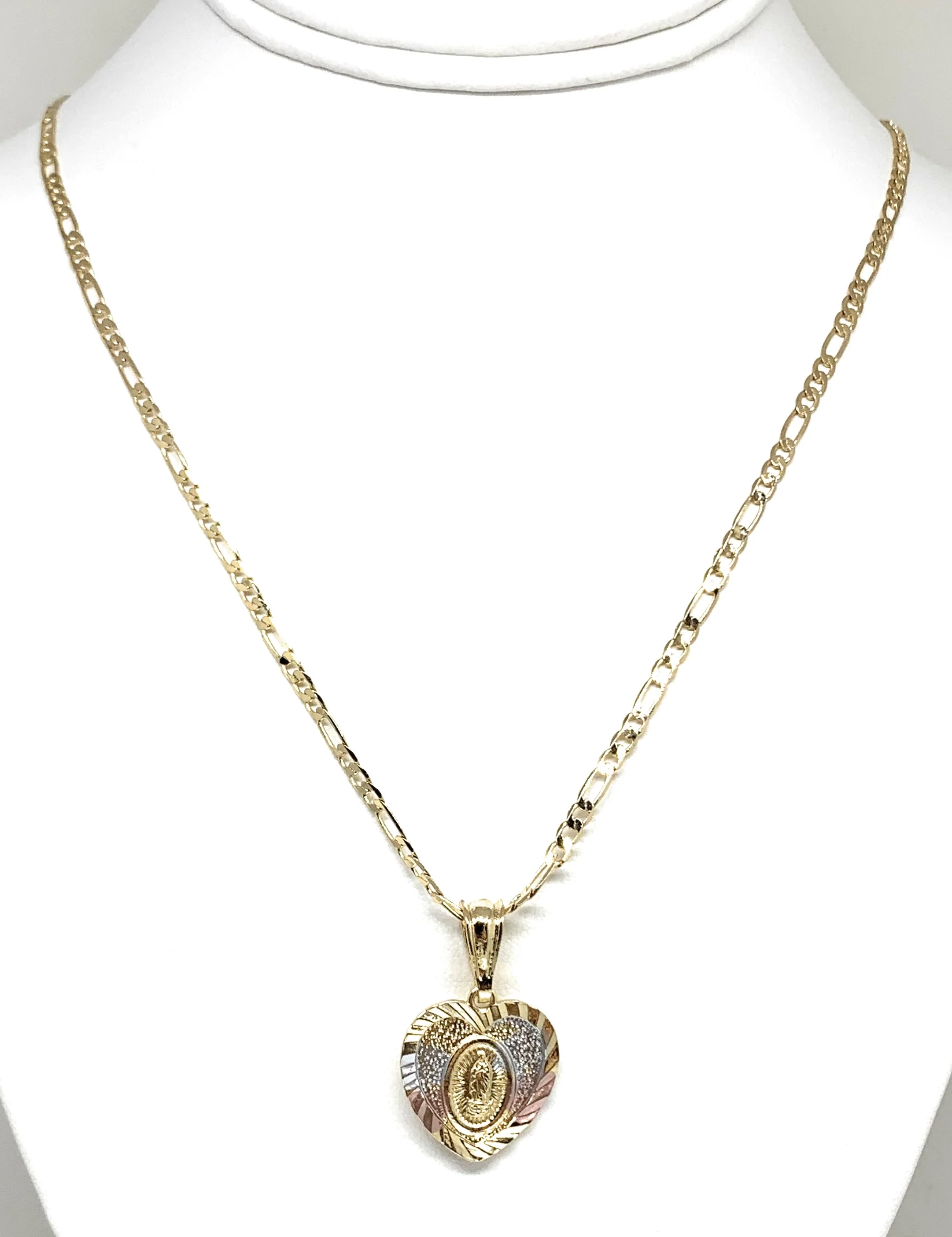 Gold Plated Virgin Mary Heart Laser Cut Pendant Necklace Figaro 24" Virgen de Guadalupe Medalla - Image 4