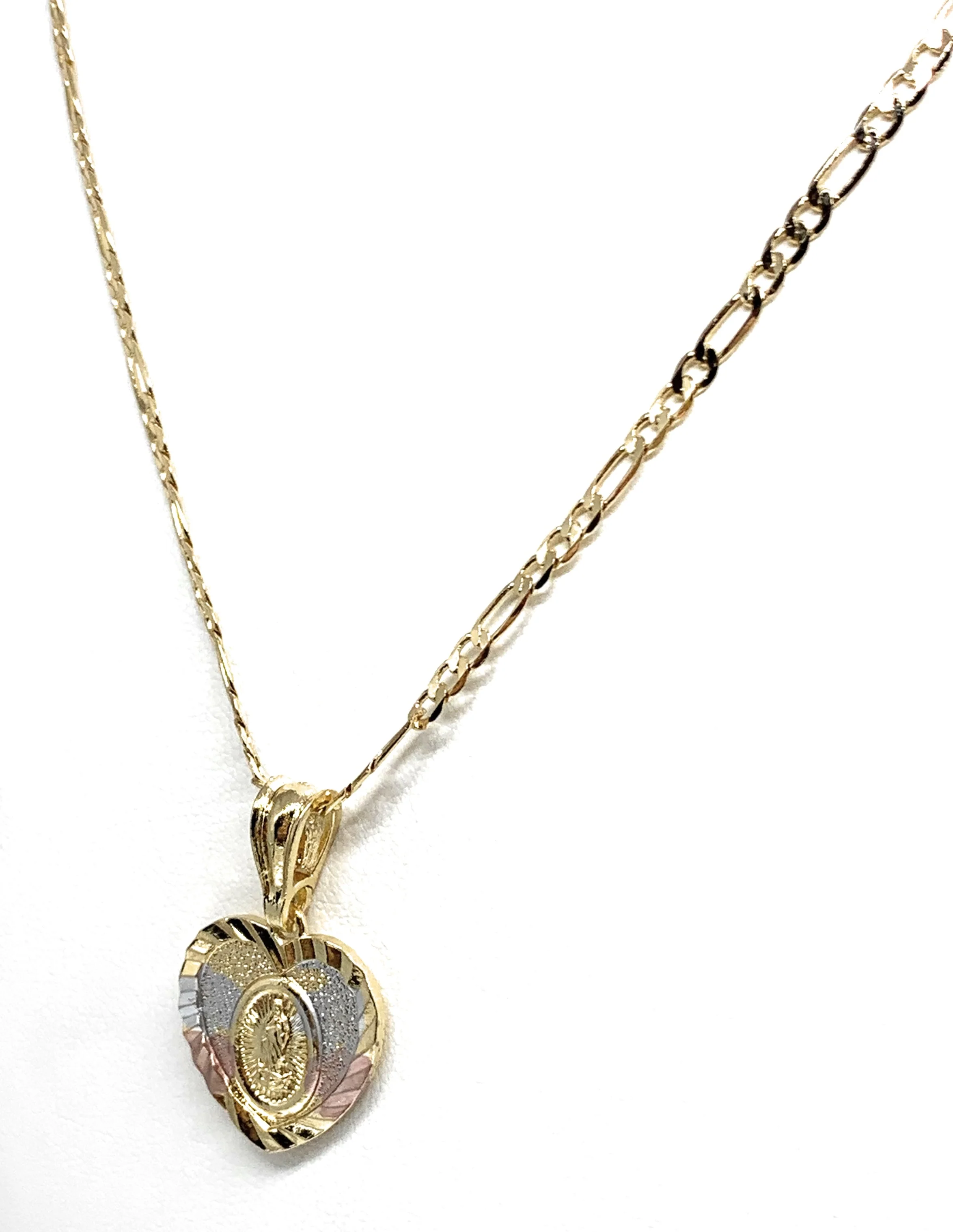 Gold Plated Virgin Mary Heart Laser Cut Pendant Necklace Figaro 24" Virgen de Guadalupe Medalla - Image 5