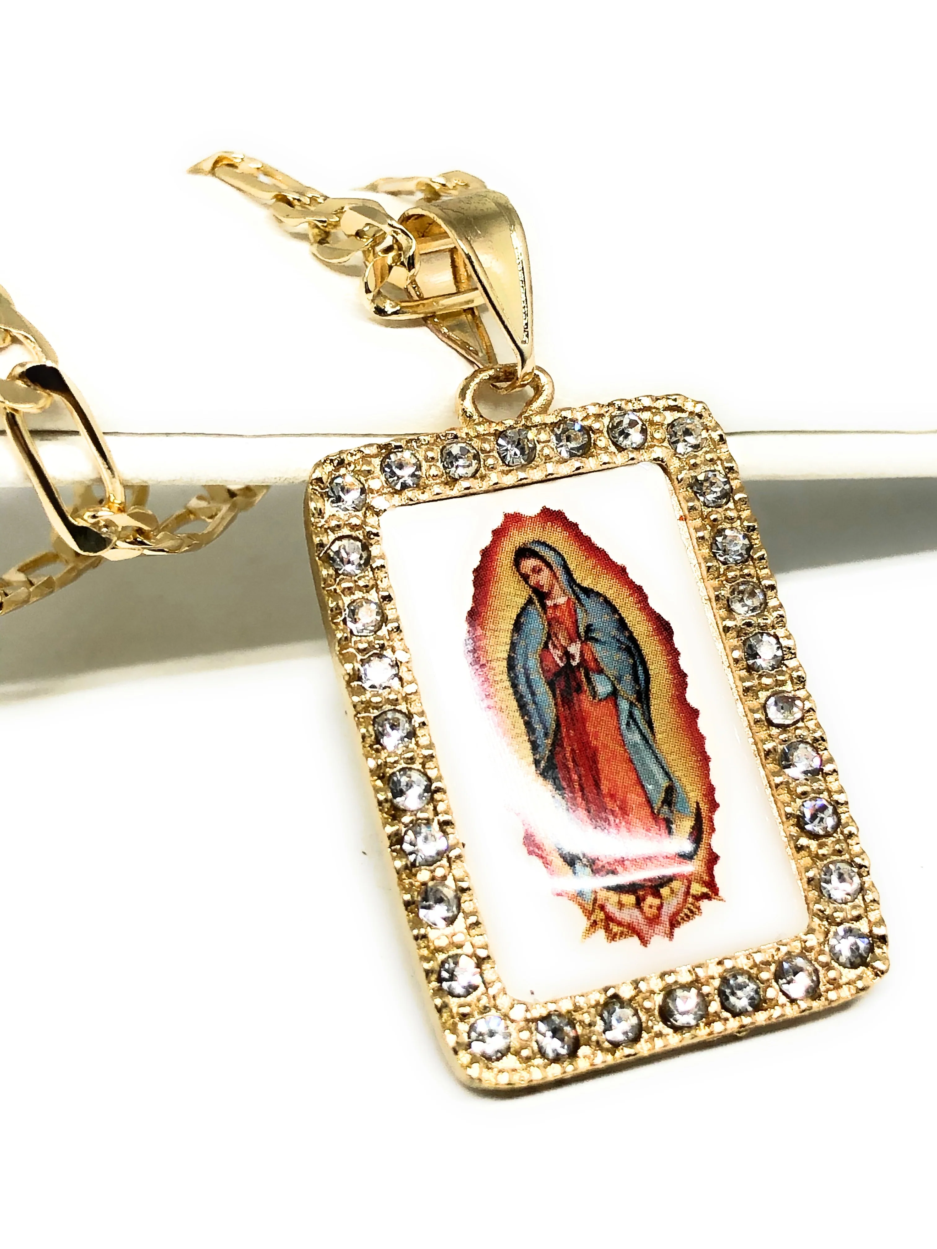 Gold Plated Virgin Mary Pendant Necklace Figaro 24” Virgen de Guadalupe Medalla Oro Laminado - Image 2