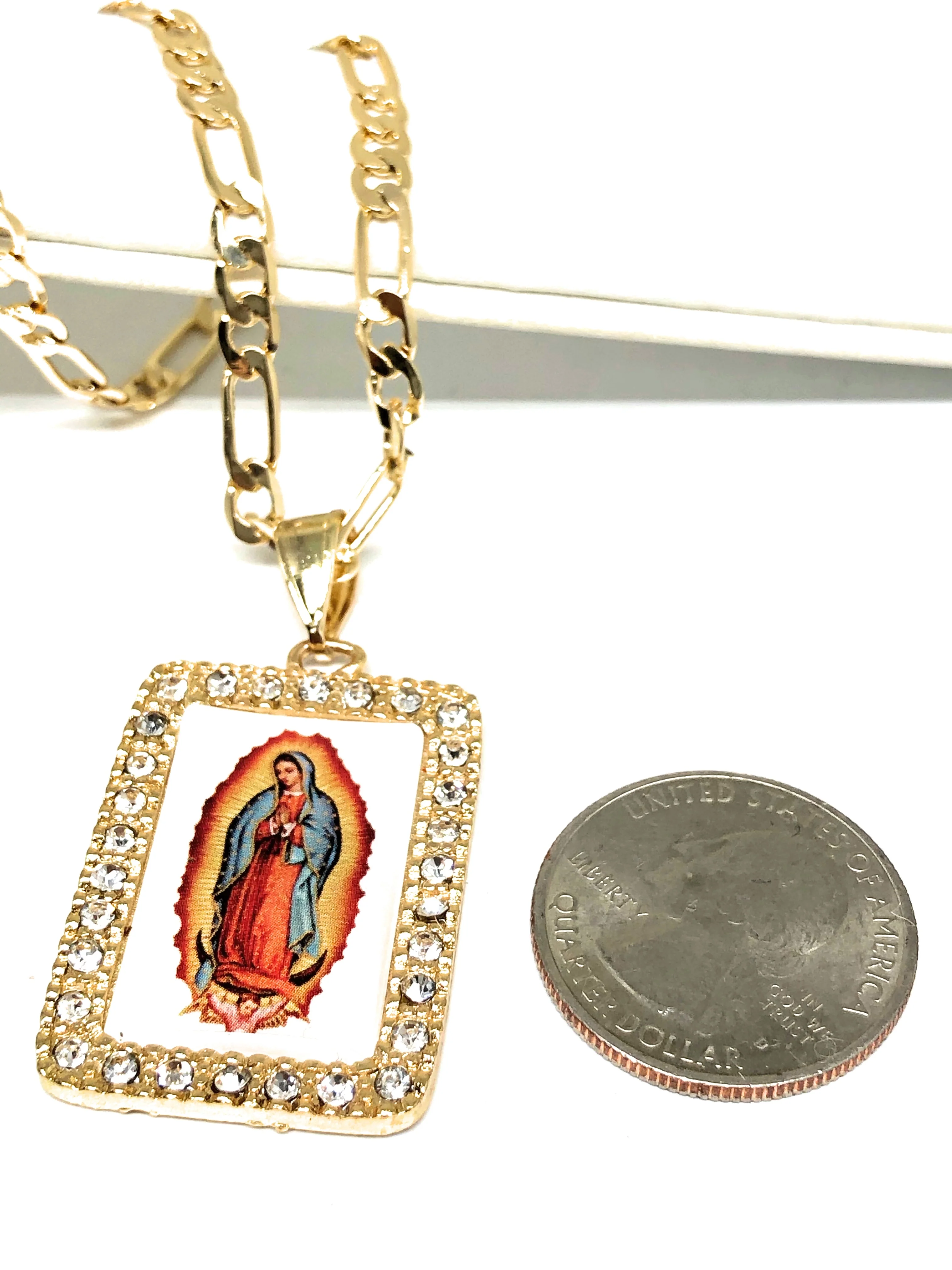 Gold Plated Virgin Mary Pendant Necklace Figaro 24” Virgen de Guadalupe Medalla Oro Laminado - Image 3