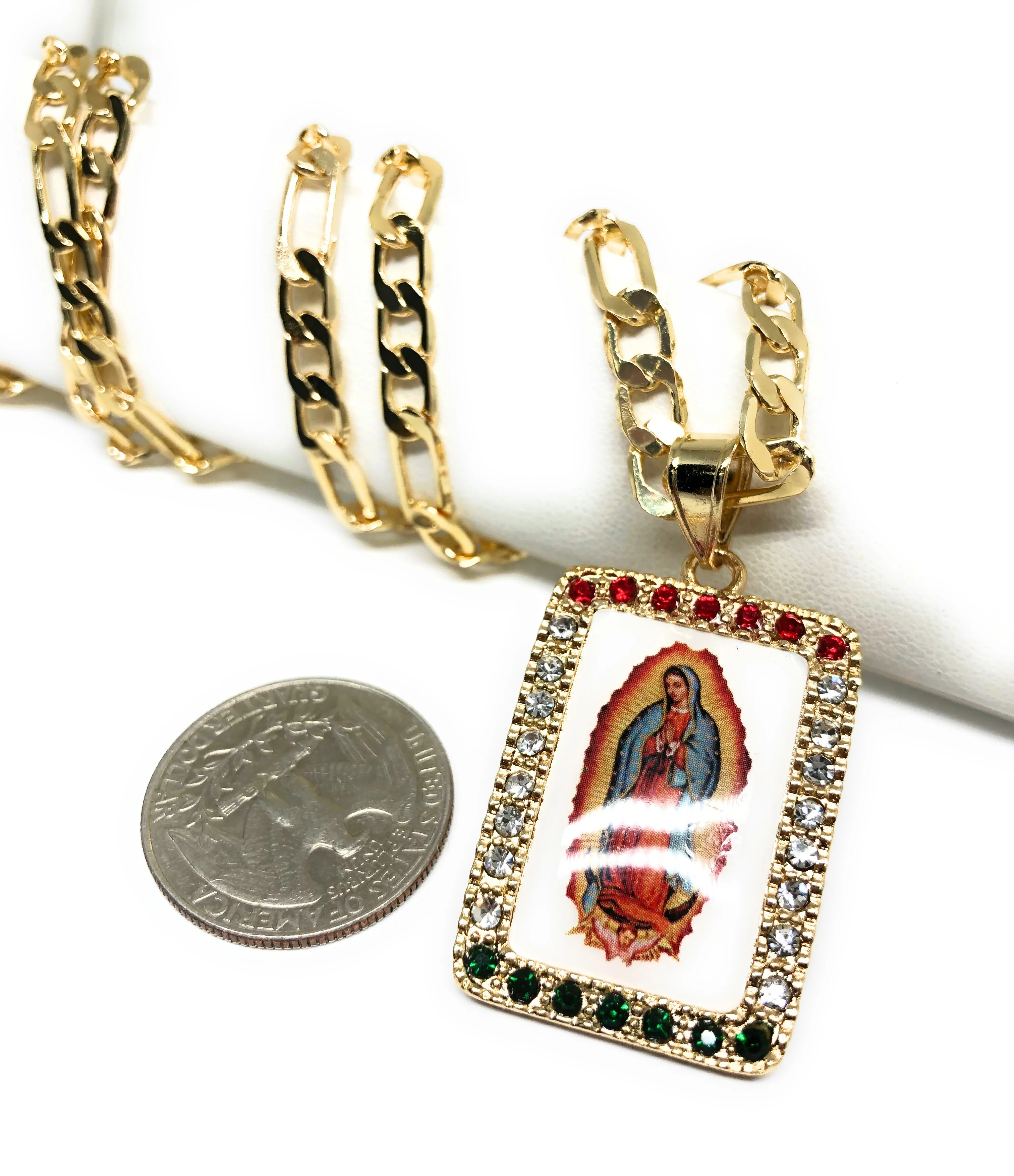 Gold Plated Virgin Mary Pendant Necklace Figaro 26" Virgen de Guadalupe Medalla Oro Laminado - Image 3