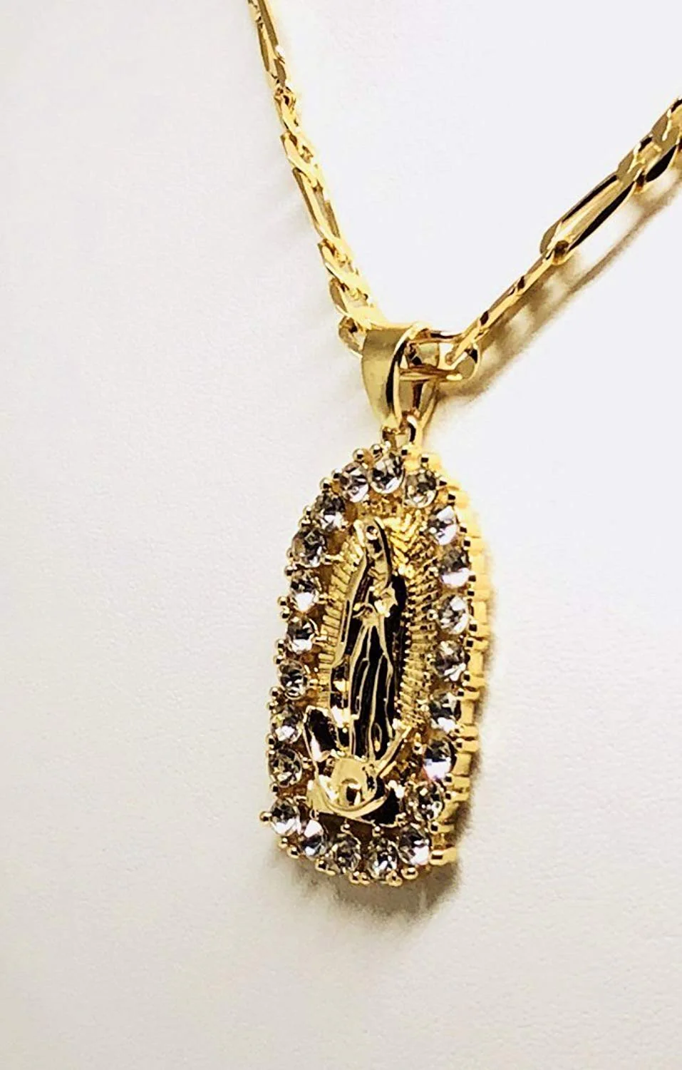 Gold Plated Virgin Mary Pendant Necklace Figaro 24" Virgen de Guadalupe Medalla Oro Laminado - Image 3