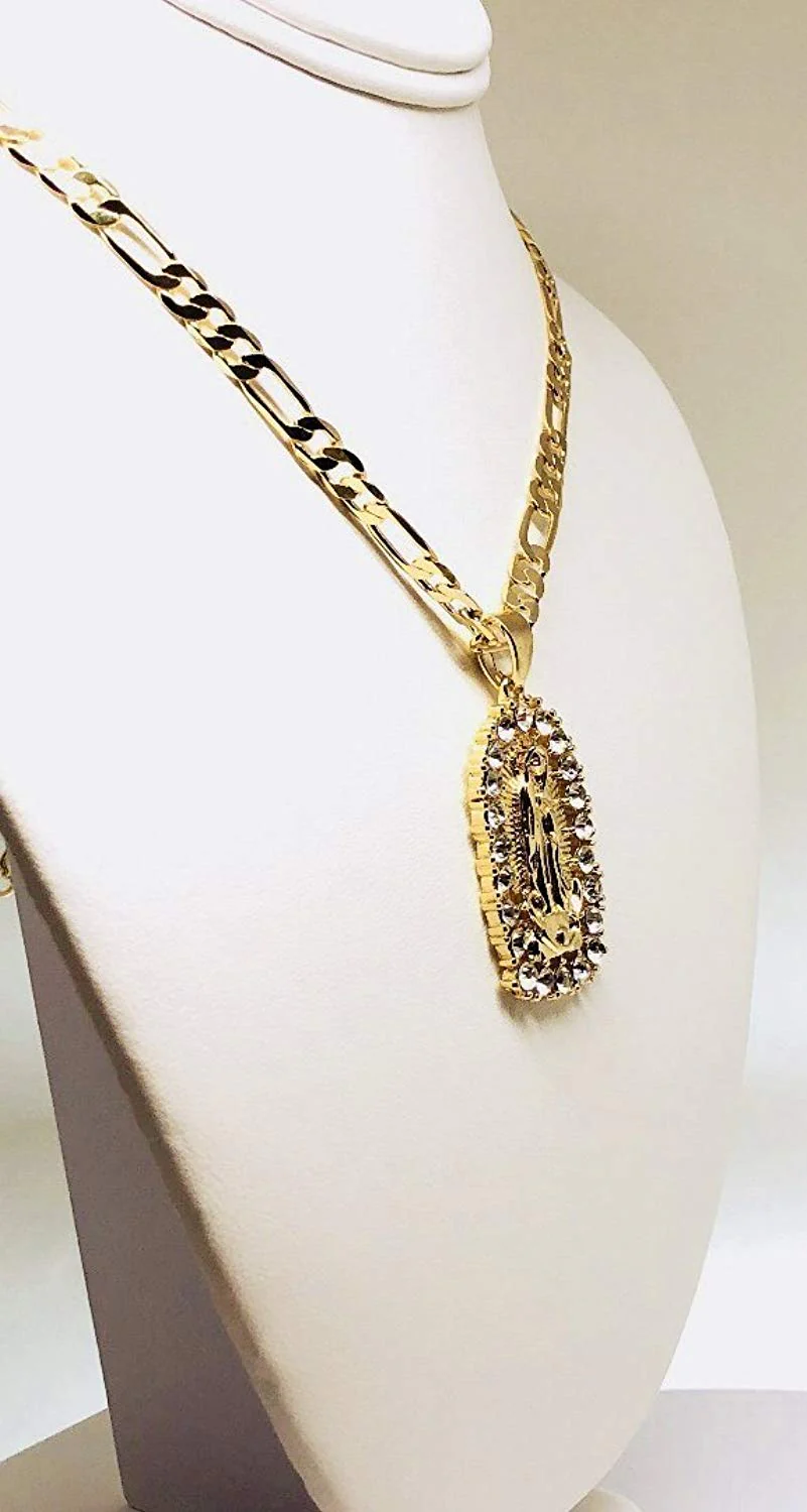 Gold Plated Virgin Mary Pendant Necklace Figaro 24" Virgen de Guadalupe Medalla Oro Laminado - Image 7