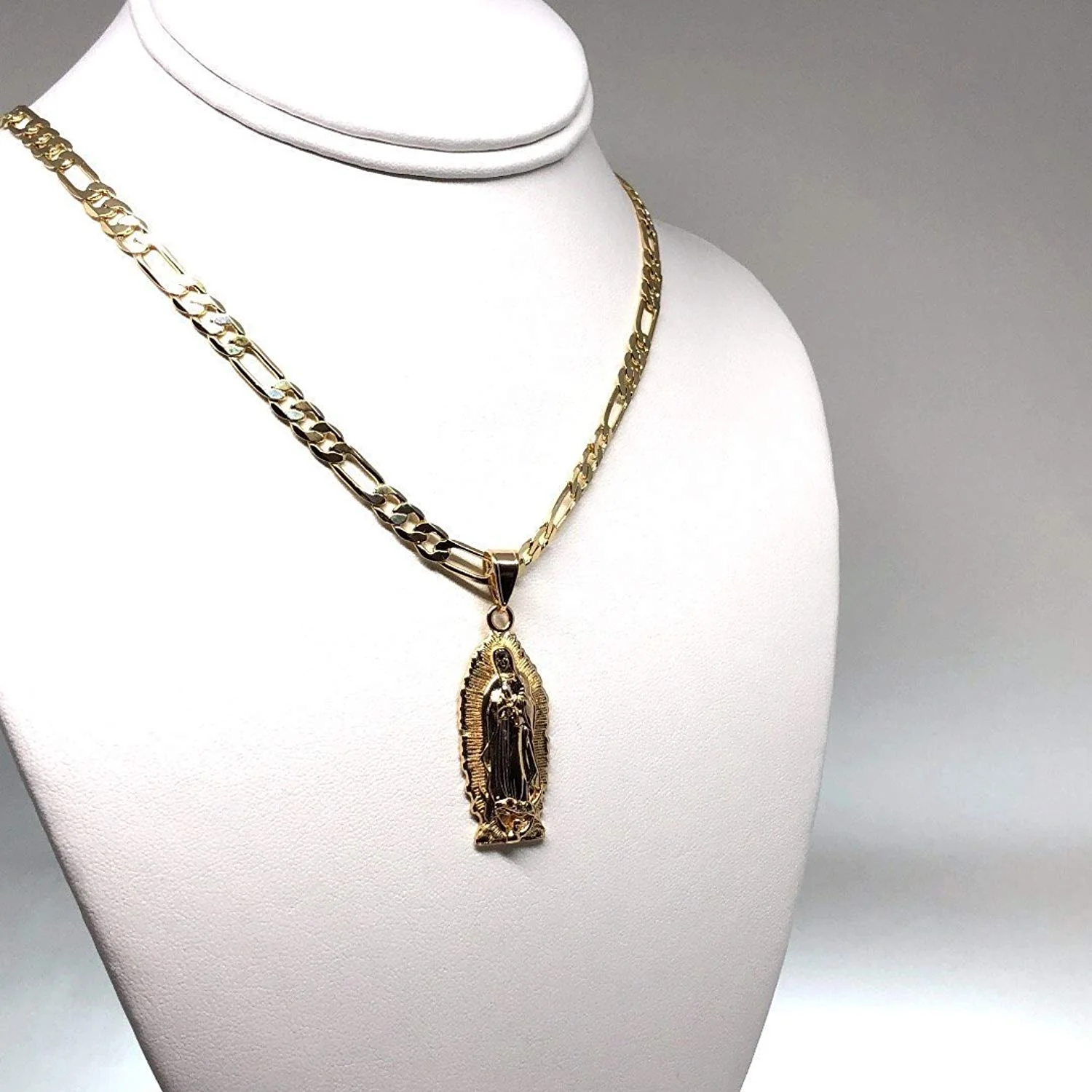 Gold Plated Virgin Mary Pendant Necklace Figaro 24" Virgen de Guadalupe Medalla Oro Laminado - Image 3