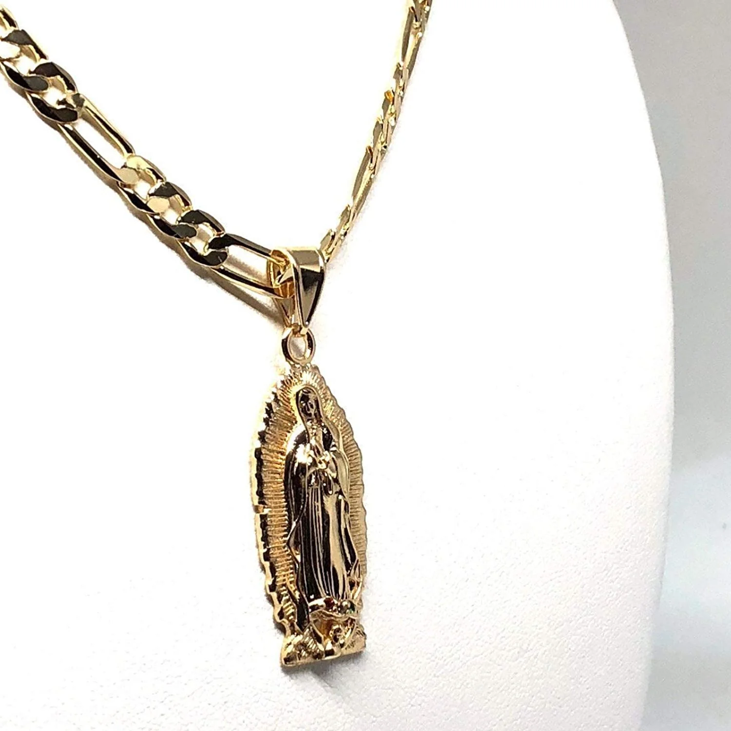 Gold Plated Virgin Mary Pendant Necklace Figaro 24" Virgen de Guadalupe Medalla Oro Laminado - Image 5