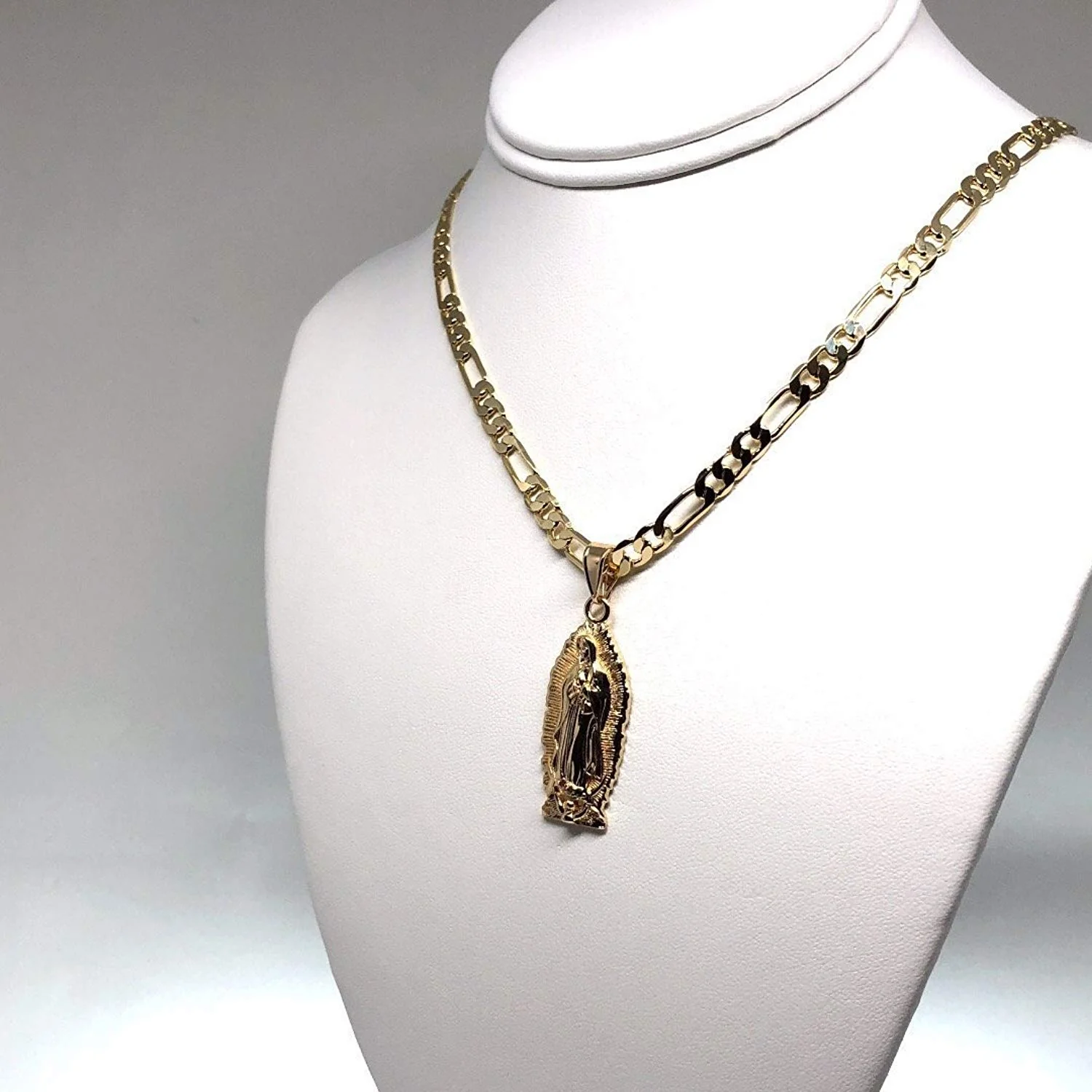 Gold Plated Virgin Mary Pendant Necklace Figaro 24" Virgen de Guadalupe Medalla Oro Laminado - Image 7