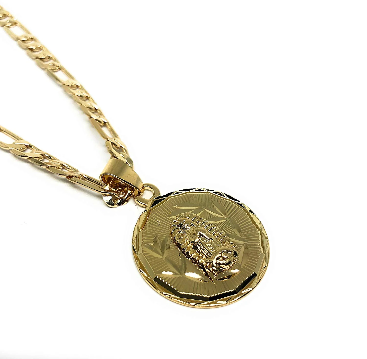 Gold Plated Virgin Mary Pendant Necklace Figaro 26" Virgen De Guadalupe Medalla Oro Laminado