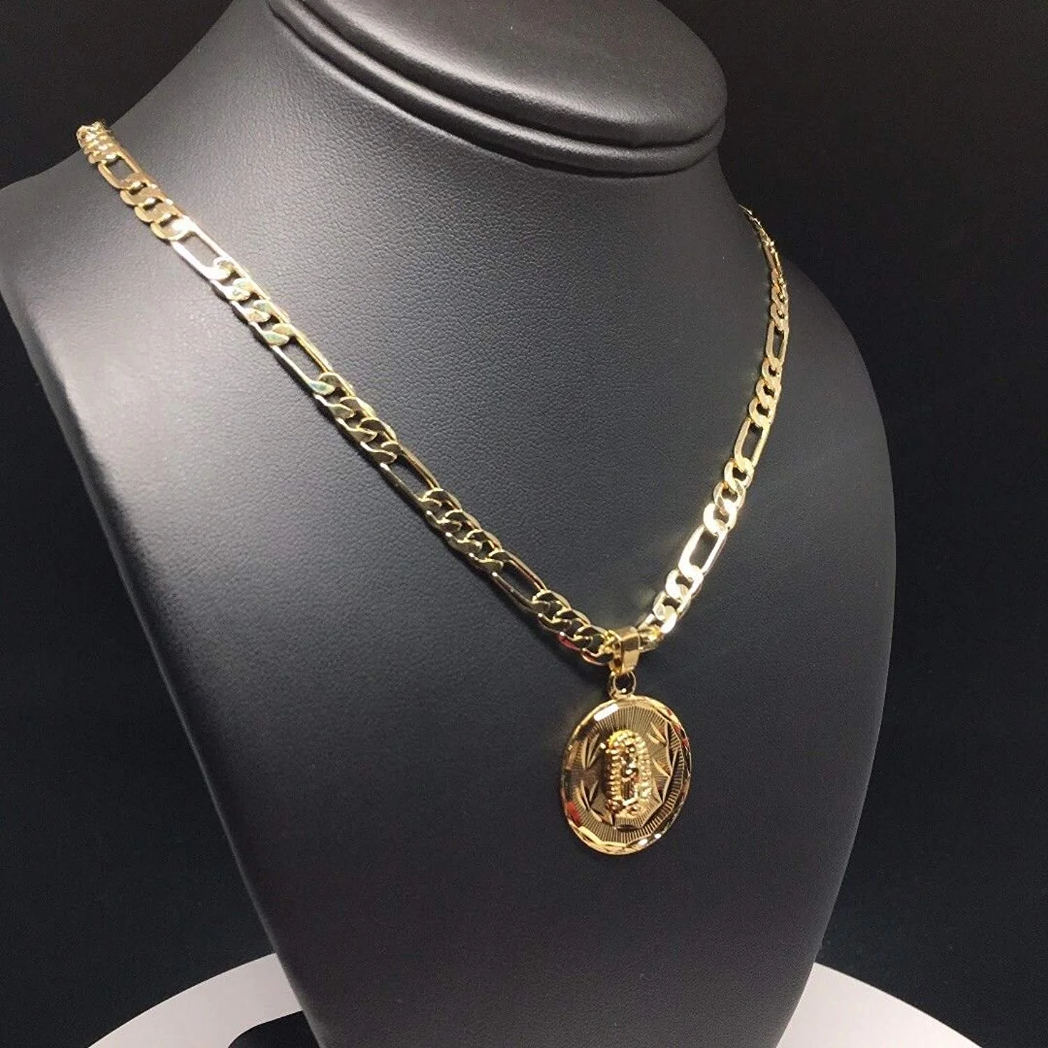 Gold Plated Virgin Mary Pendant Necklace Figaro 26" Virgen De Guadalupe Medalla Oro Laminado - Image 3