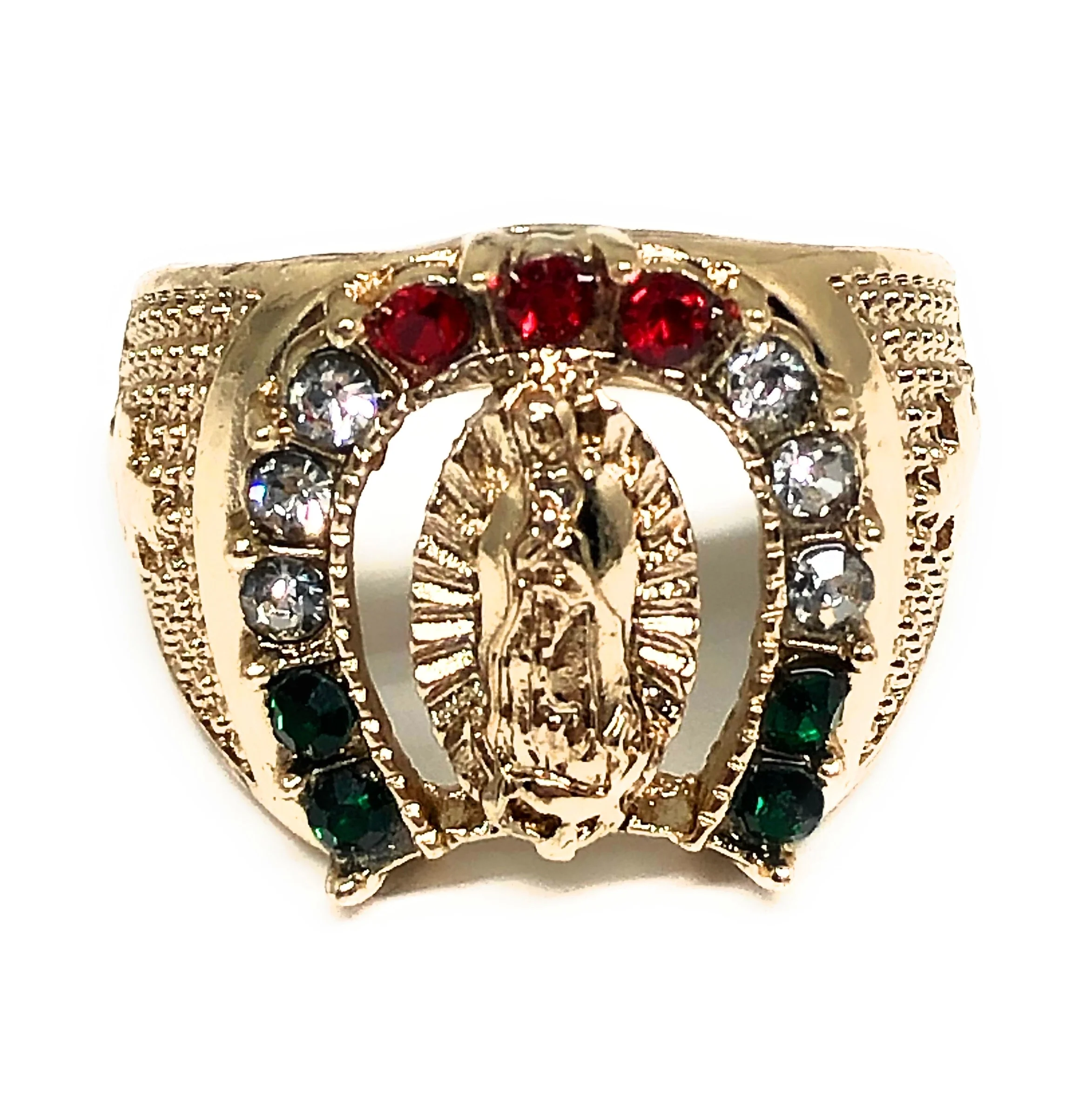 Gold Plated Virgin Mary Red,Green,White CZ Horseshoe Ring Virgen Guadalupe Anillo