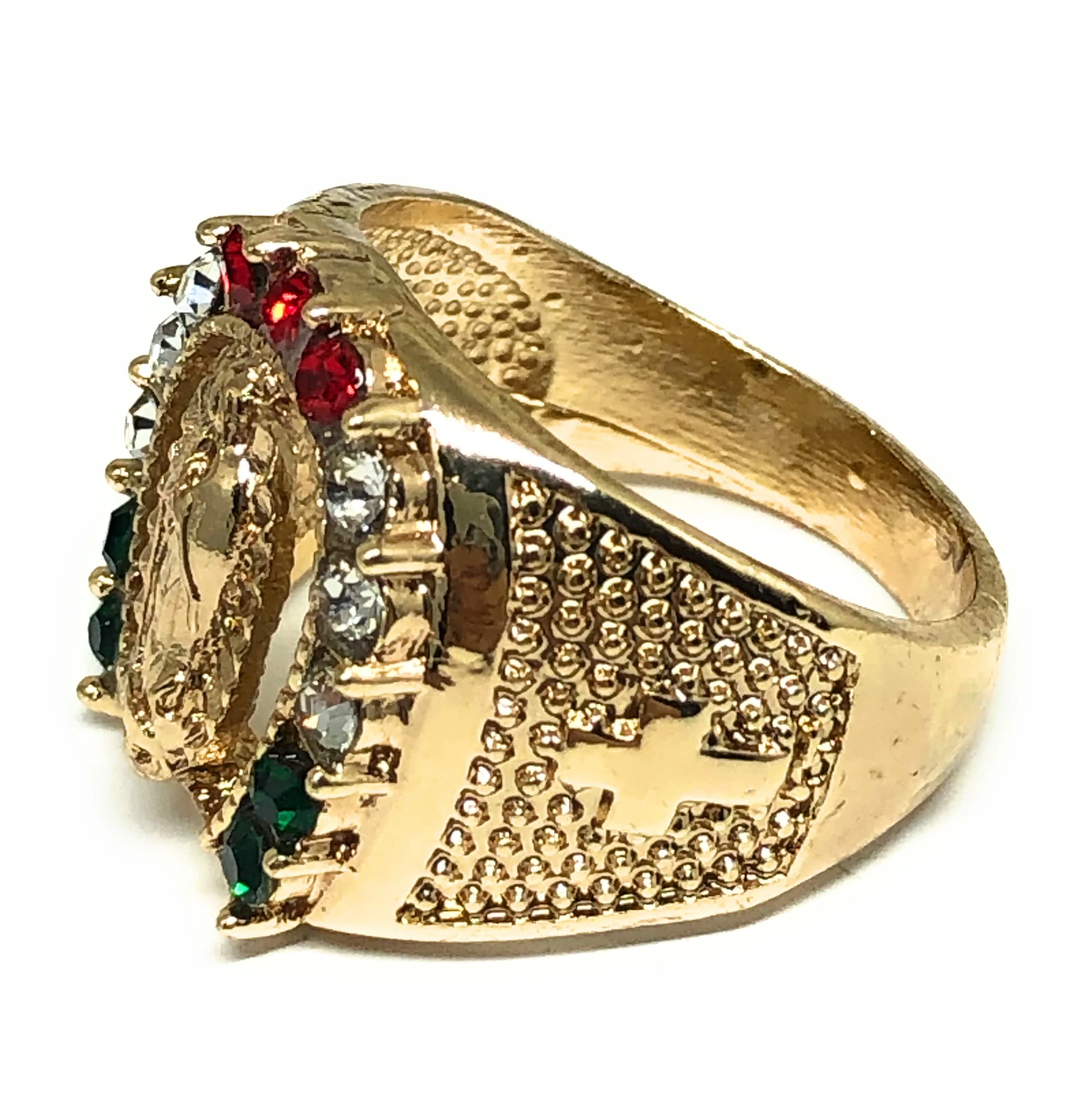 Gold Plated Virgin Mary Red,Green,White CZ Horseshoe Ring Virgen Guadalupe Anillo - Image 2