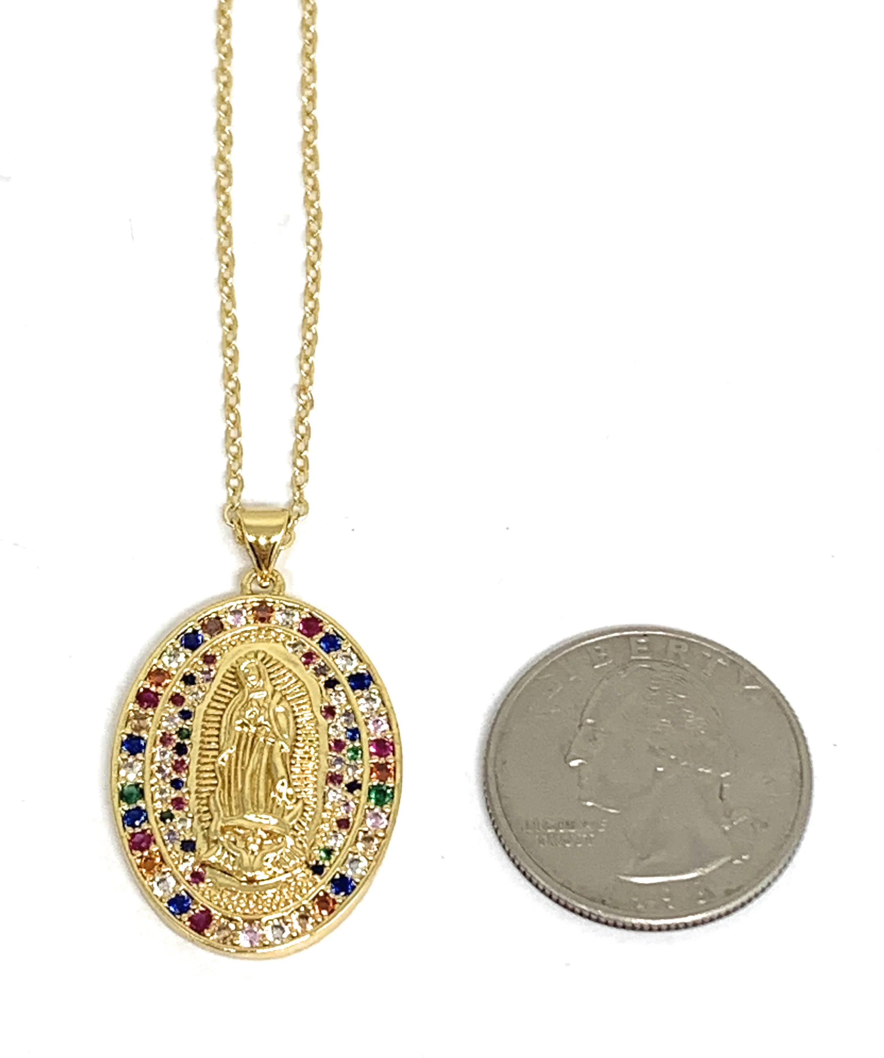 Gold Plated Virgin Mary Oval Colorful Rhinestone Pendant Necklace 20” Virgen Guadalupe - Image 2