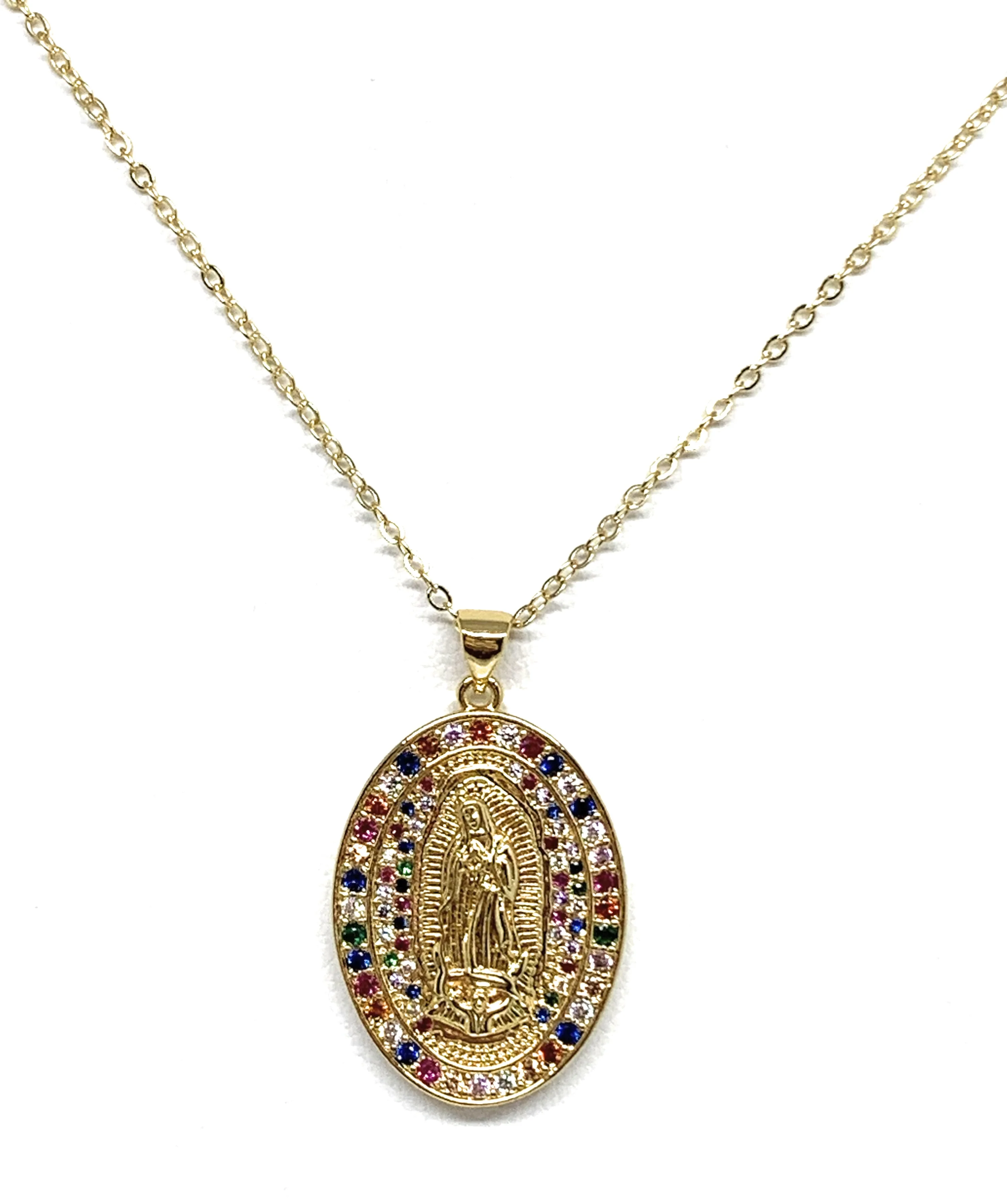 Gold Plated Virgin Mary Oval Colorful Rhinestone Pendant Necklace 20” Virgen Guadalupe - Image 3