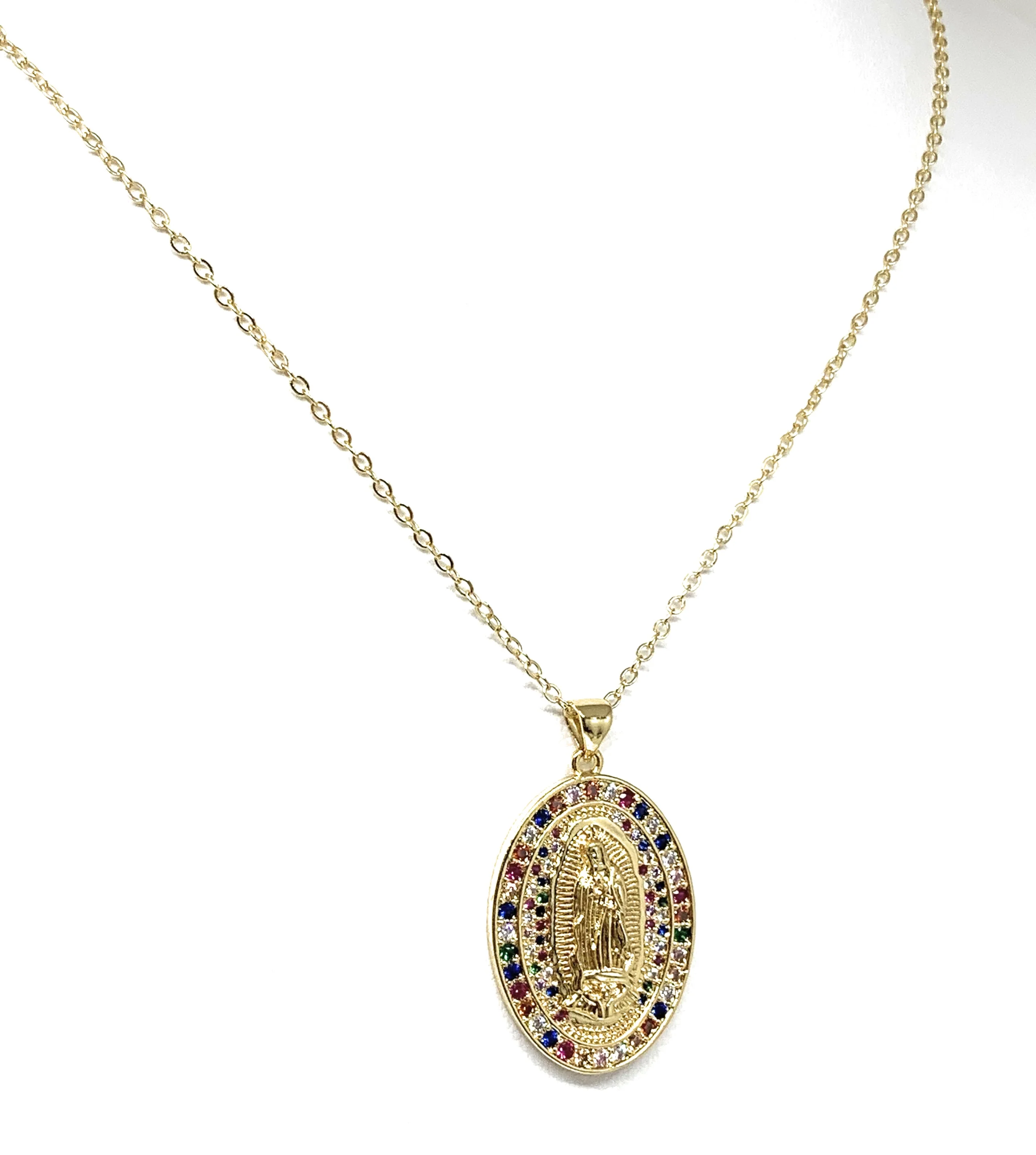 Gold Plated Virgin Mary Oval Colorful Rhinestone Pendant Necklace 20” Virgen Guadalupe - Image 4